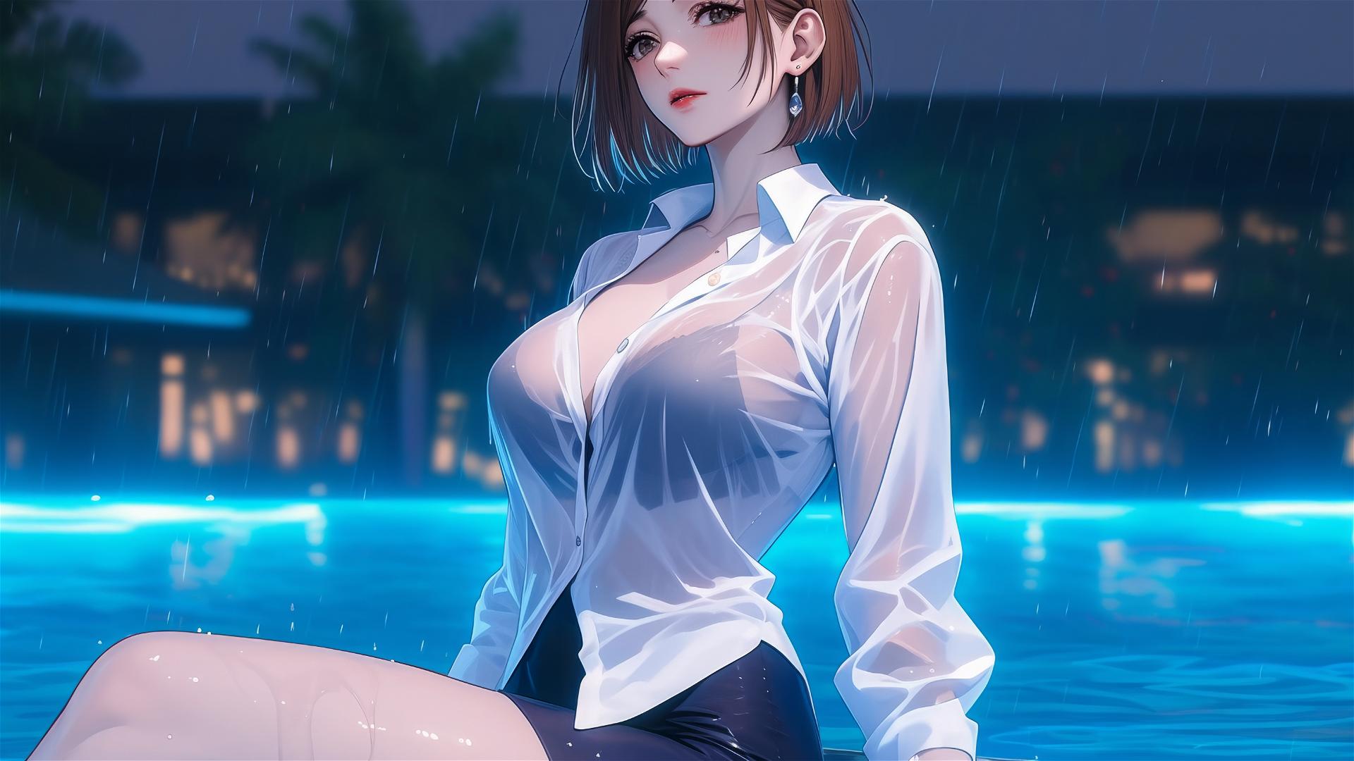 Nobara Kugisaki resting by pool in moonlight during rain
