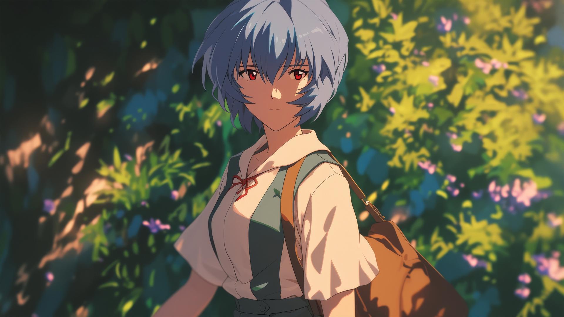 Rei Ayanami in casual chic attire at blooming imperial gardens