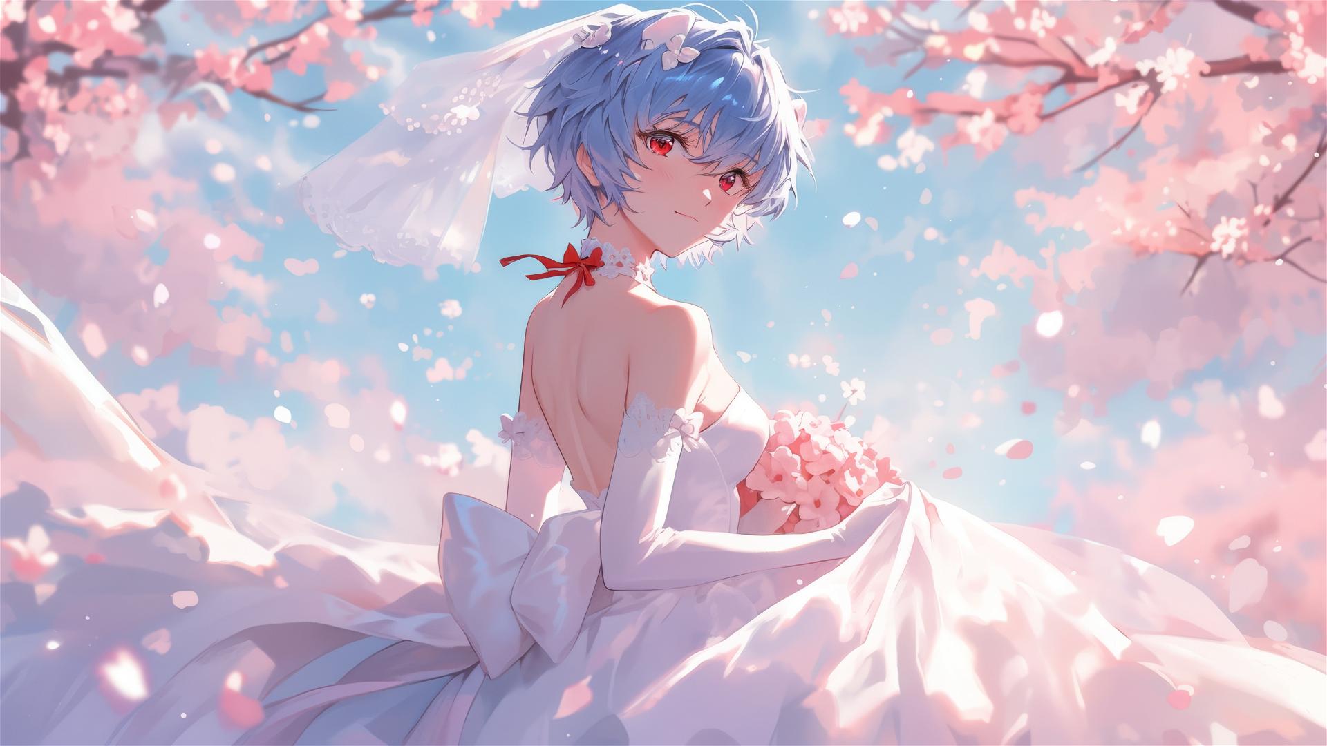Rei Ayanami in wedding dress among cherry blossoms
