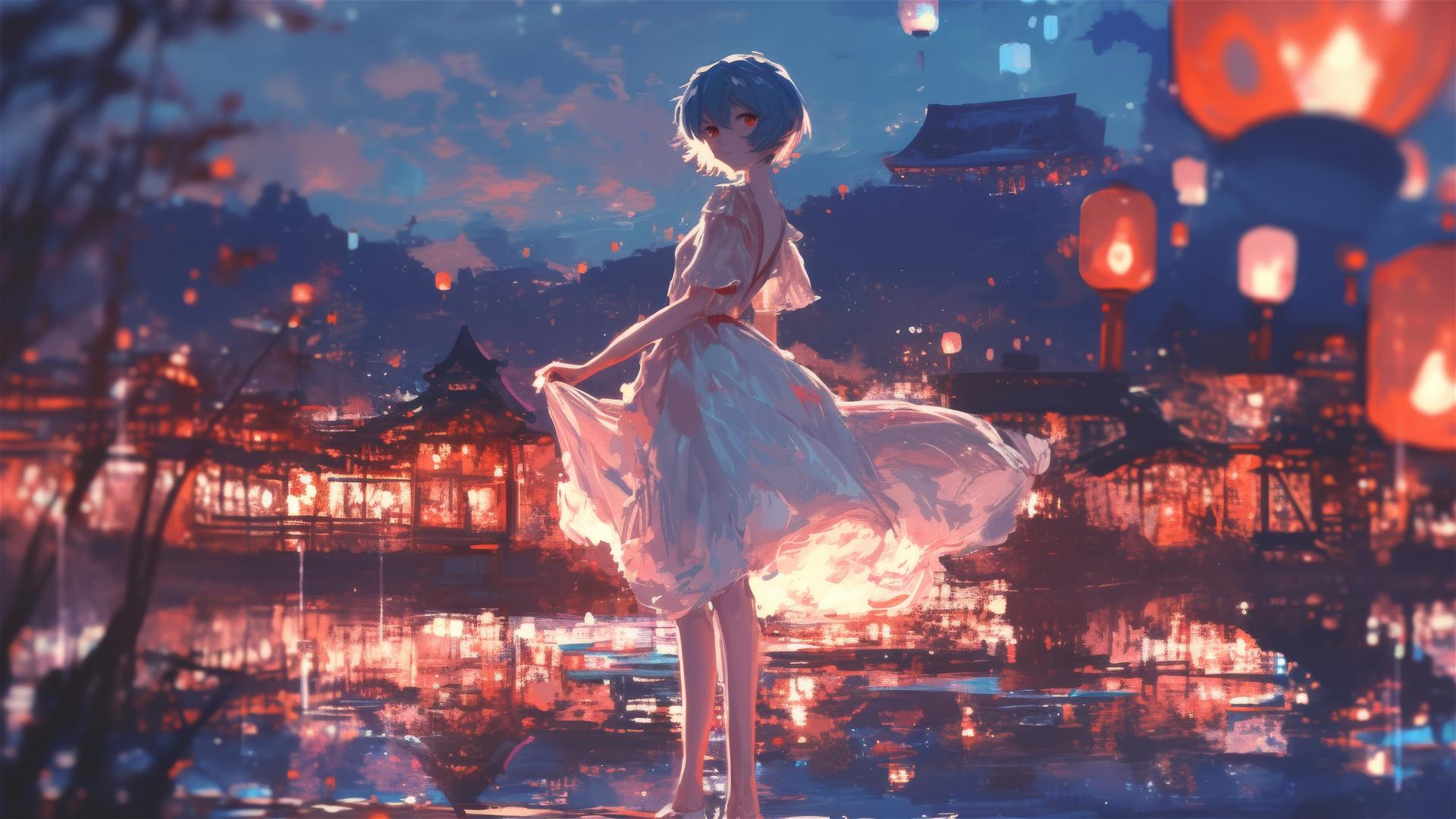 Rei Ayanami in chiffon dress with glowing lanterns by river