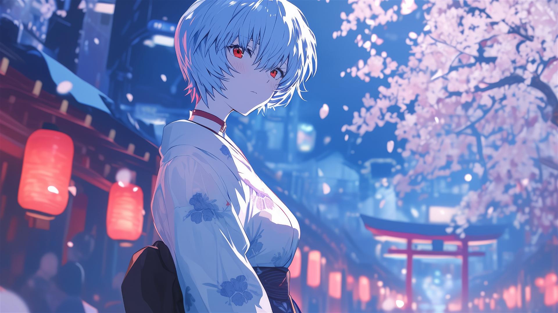 Rei Ayanami at a cherry blossom festival at night in urban attire