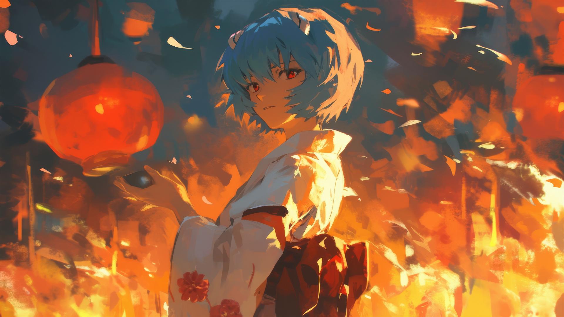 Rei Ayanami in festival dance dress by bonfire glow