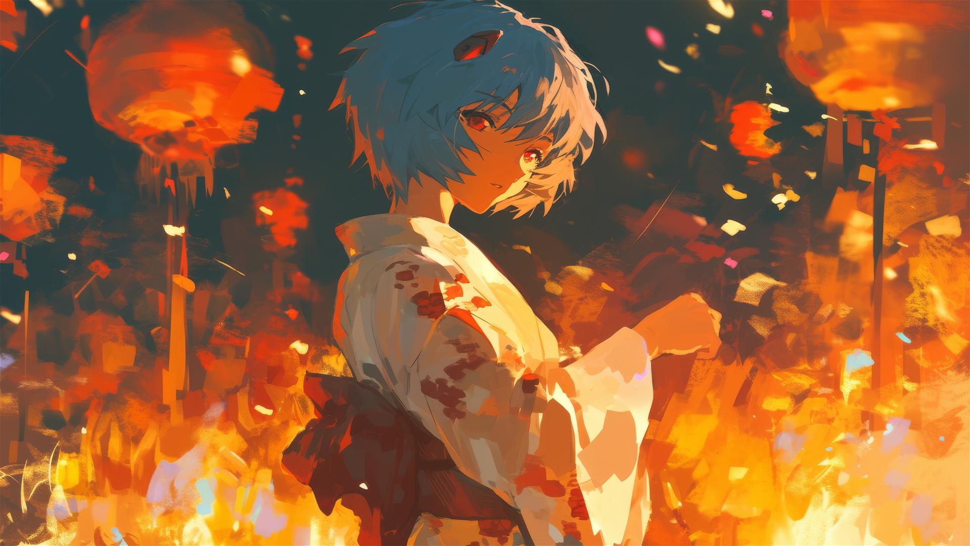 Rei Ayanami in festival dance attire performing by bonfires