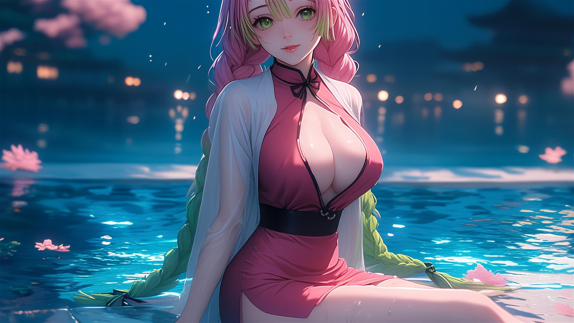Mitsuri Kanroji in pink dress by moonlit pool
