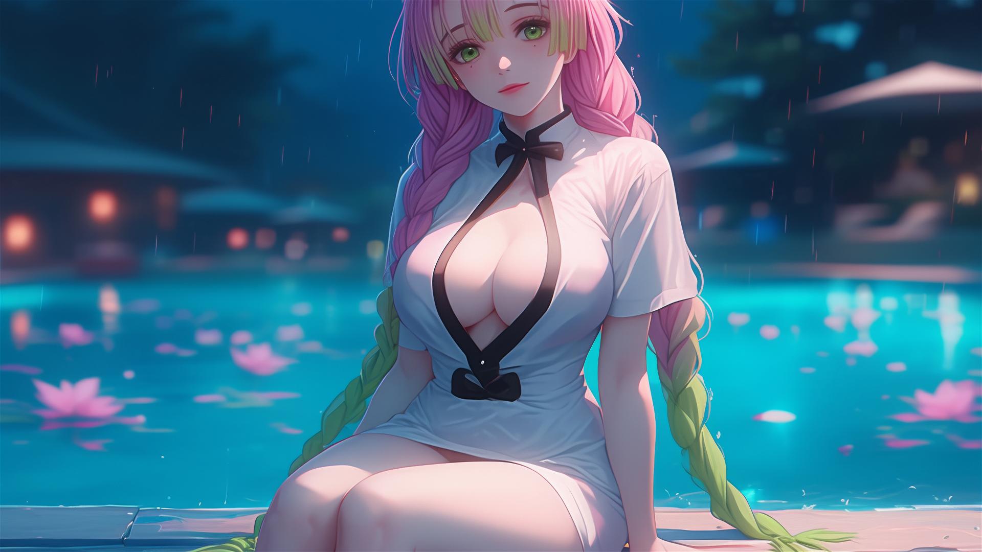 Mitsuri Kanroji relaxing by pool in moonlight, pink dress, thigh focus, ombre hair