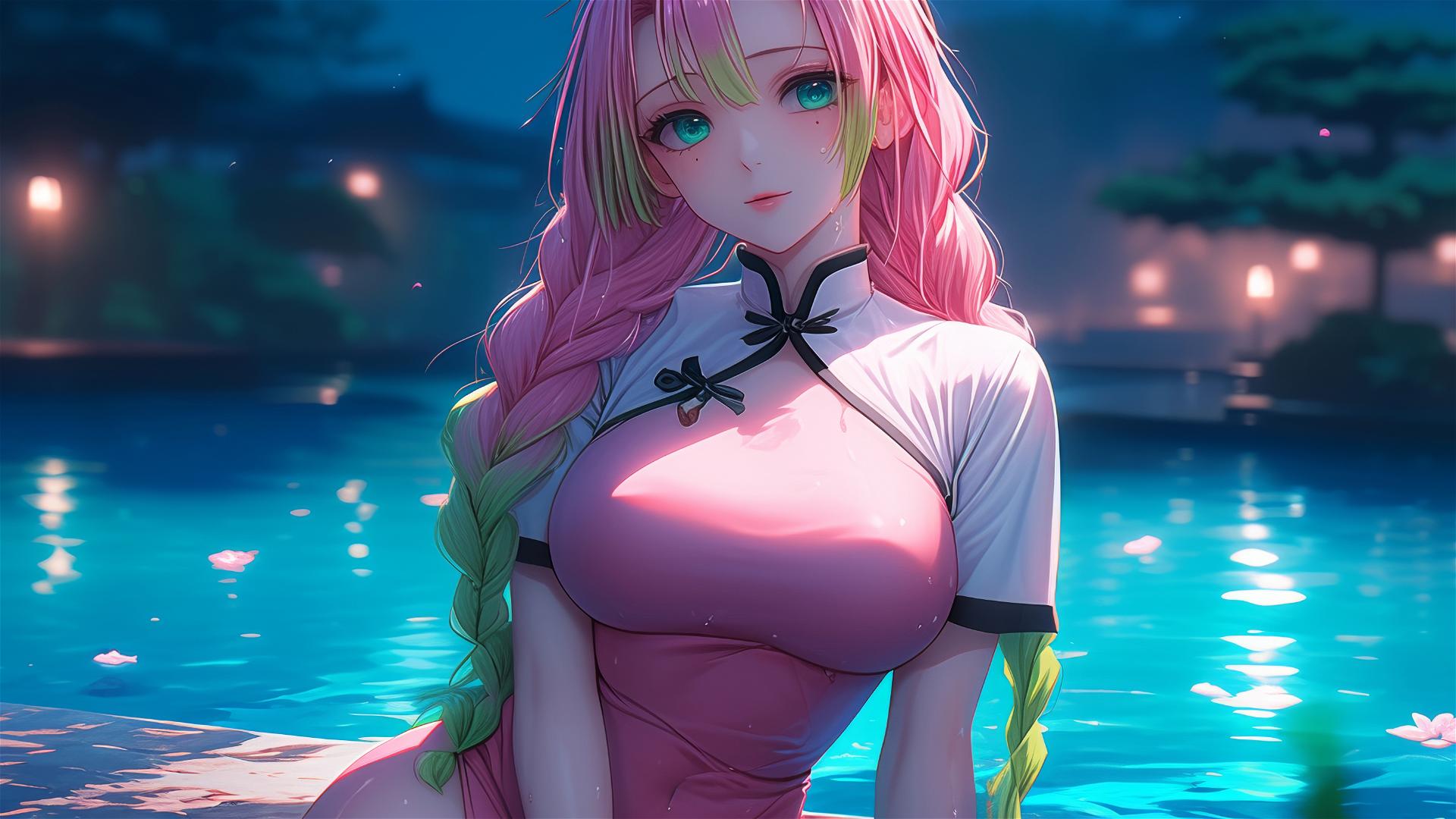 Mitsuri Kanroji resting by a pool in the moonlight, pink dress, thigh focus