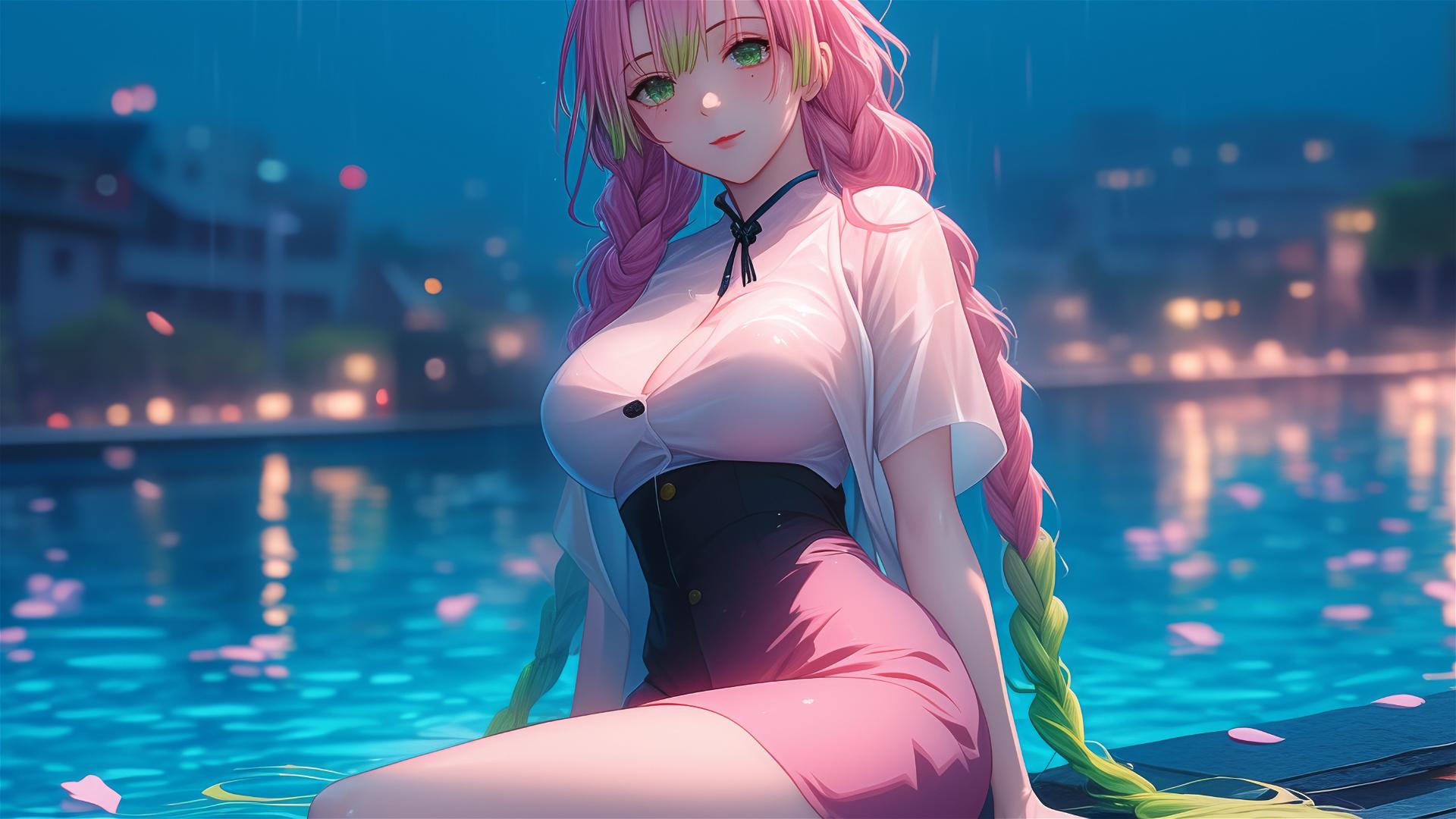 Mitsuri Kanroji resting by a rainy pool under moonlight