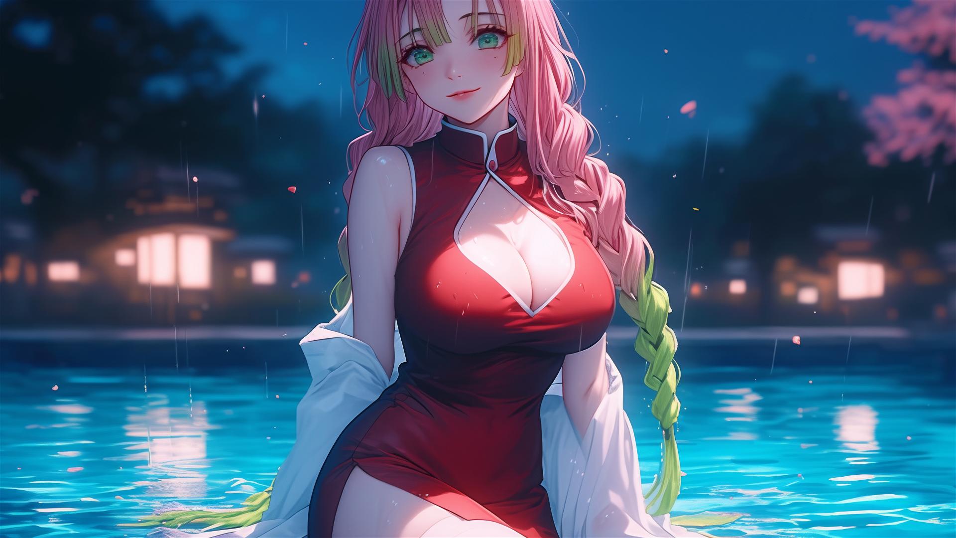 Mitsuri Kanroji in red dress by moonlit rainy pool