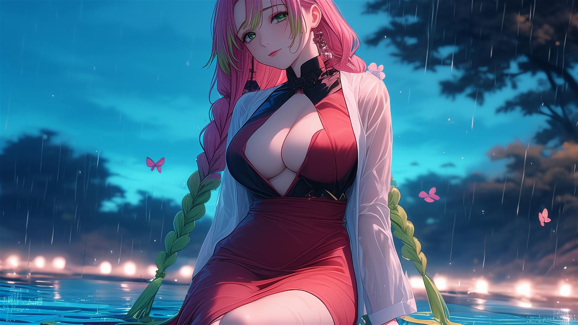 Mitsuri Kanroji resting by a pool under moonlight, red dress, pink to green hair