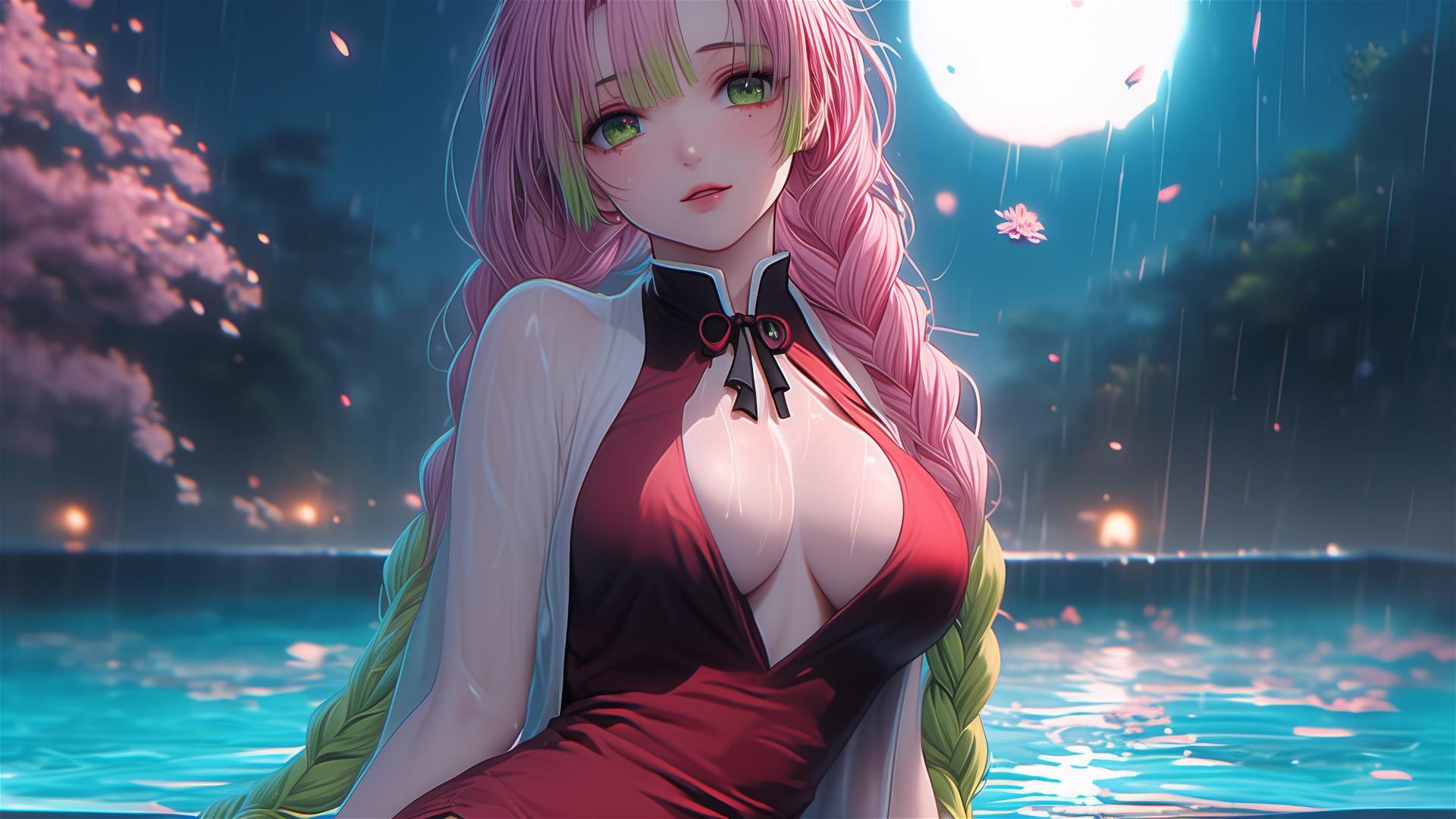Mitsuri Kanroji from Demon Slayer resting by the pool with moonlight glow