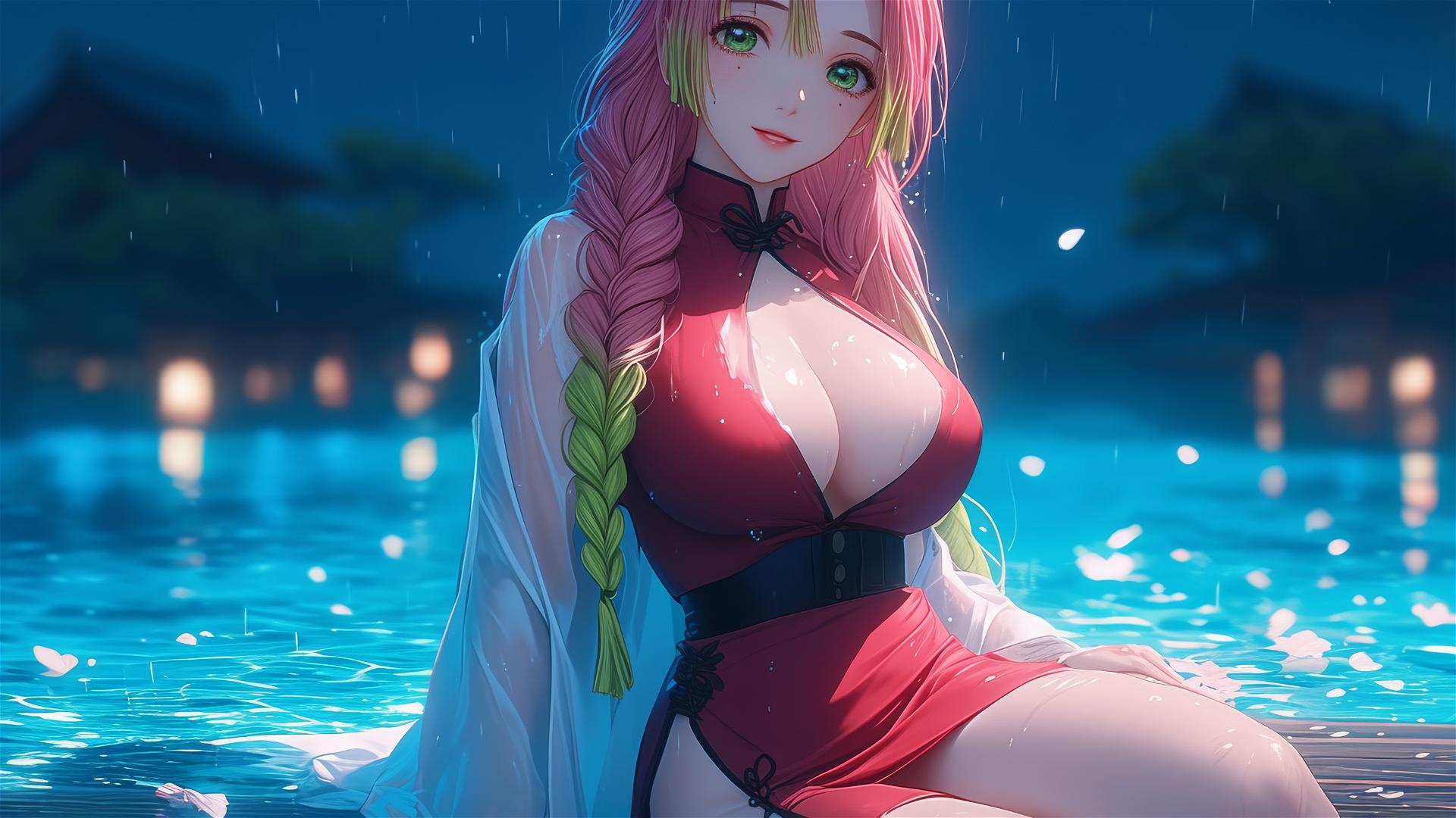 Mitsuri Kanroji by poolside in moonlight with light pink to lime green hair