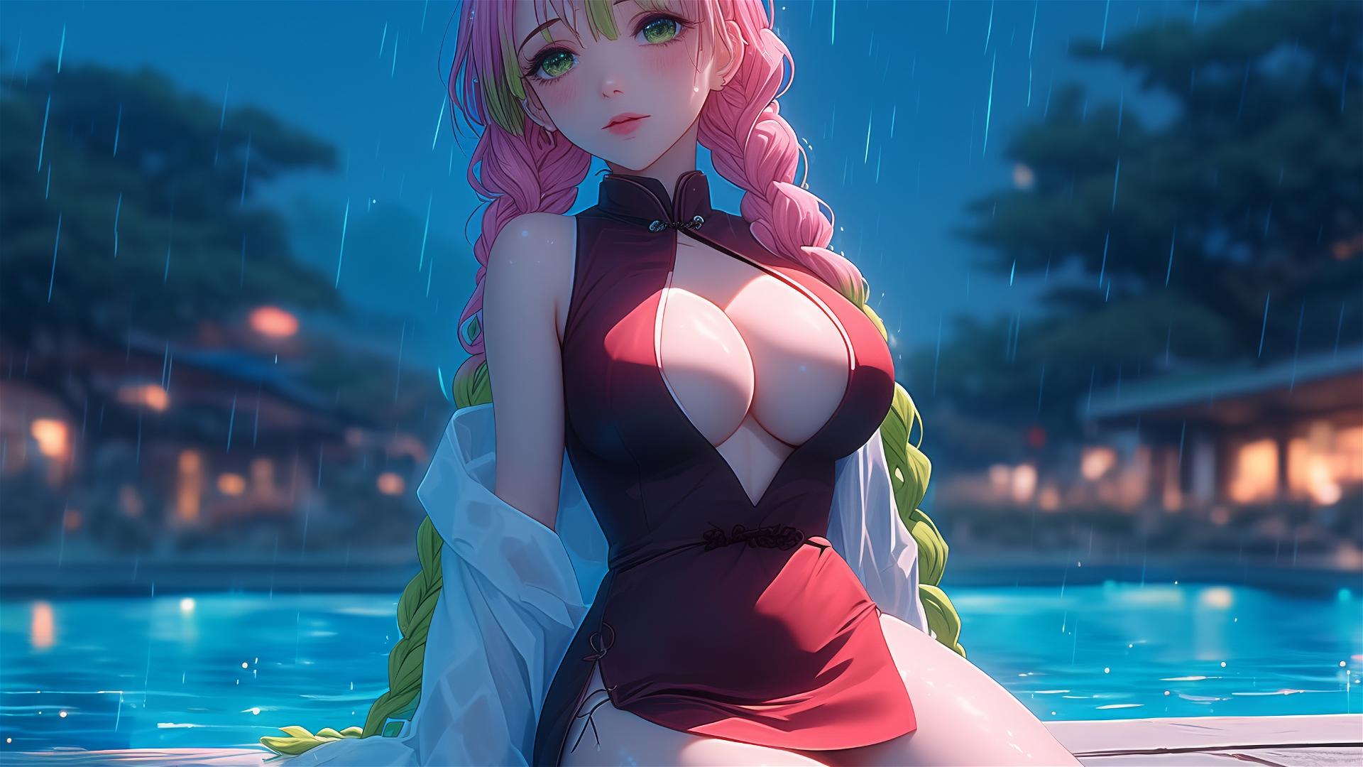 Mitsuri Kanroji from Demon Slayer resting by pool in moonlight, red dress, light pink to lime green hair.