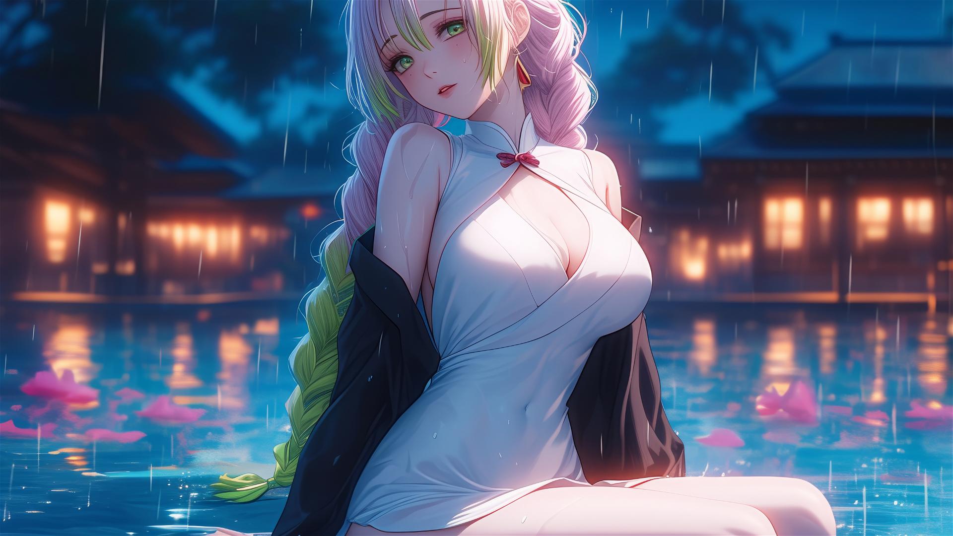 Mitsuri Kanroji resting by a pool under moonlight, rainy scene with light pink to green hair