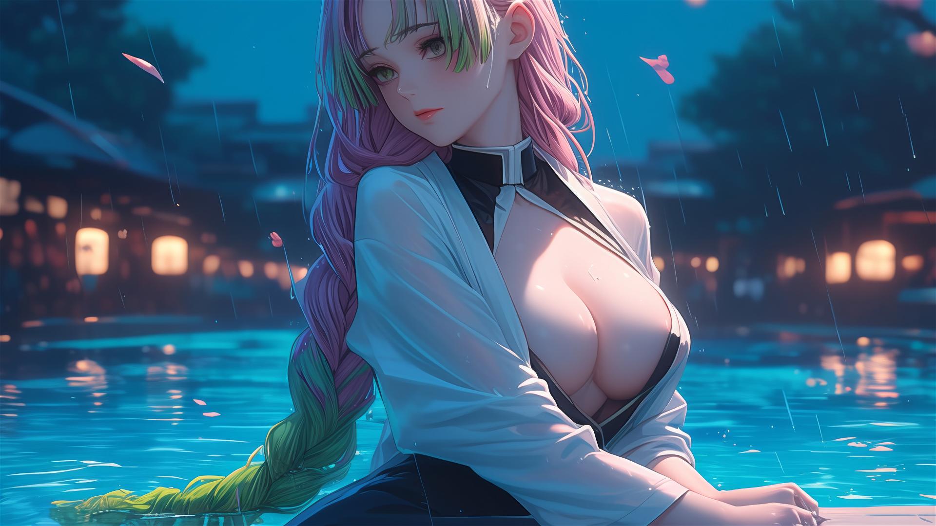 Mitsuri Kanroji from Demon Slayer by moonlit pool in white, with pink to green hair.