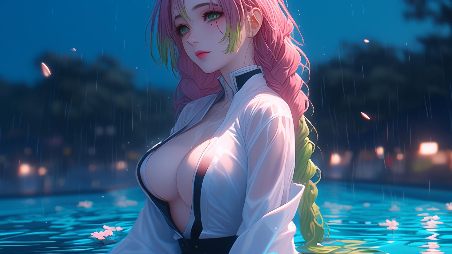 Mitsuri Kanroji resting by a rainy pool under moonlight, pink and lime green hair