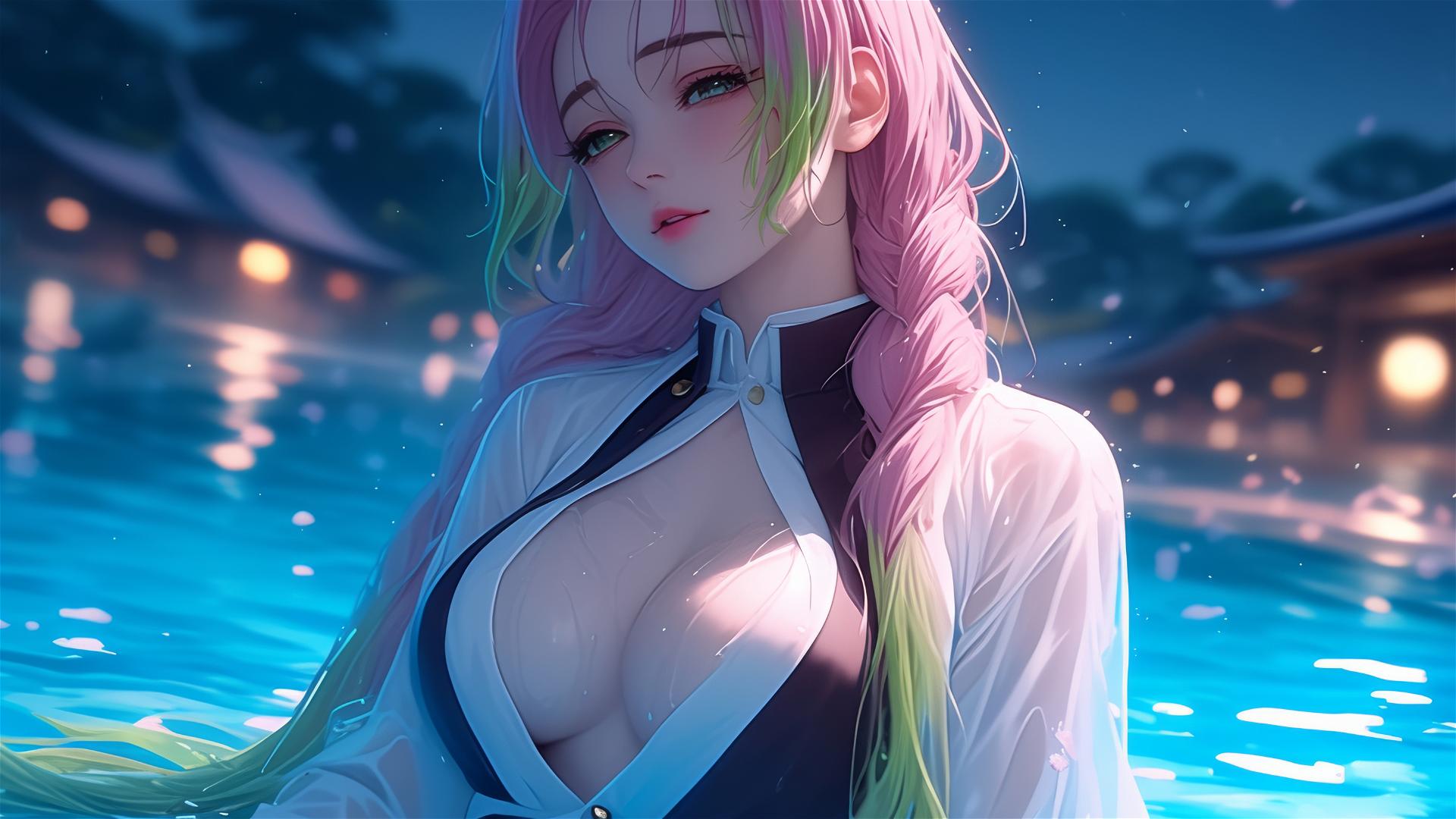 Mitsuri Kanroji resting by a pool under moonlight, pink to green hair