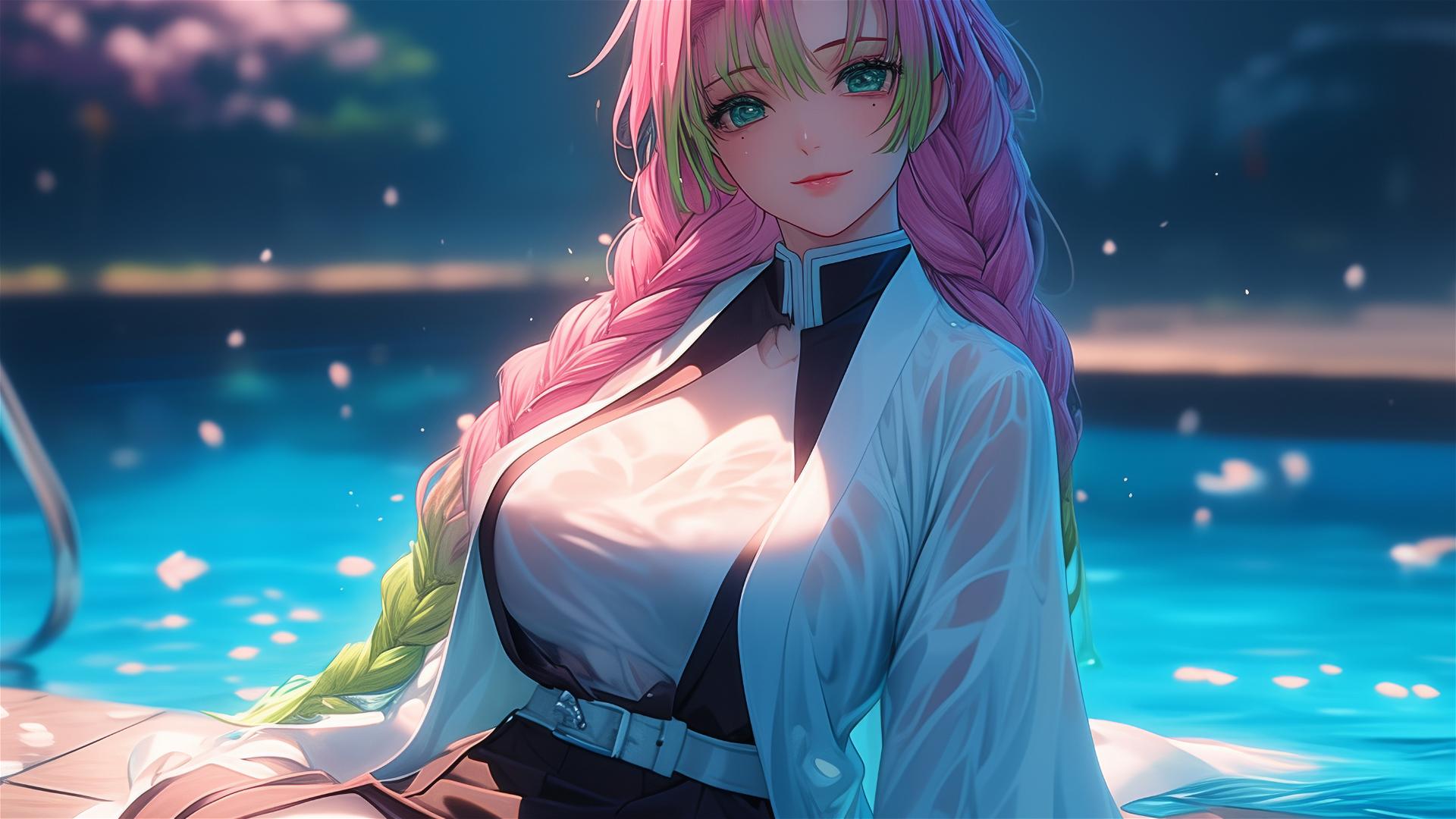 Mitsuri Kanroji resting by a pool under moonlight, pink and green hair