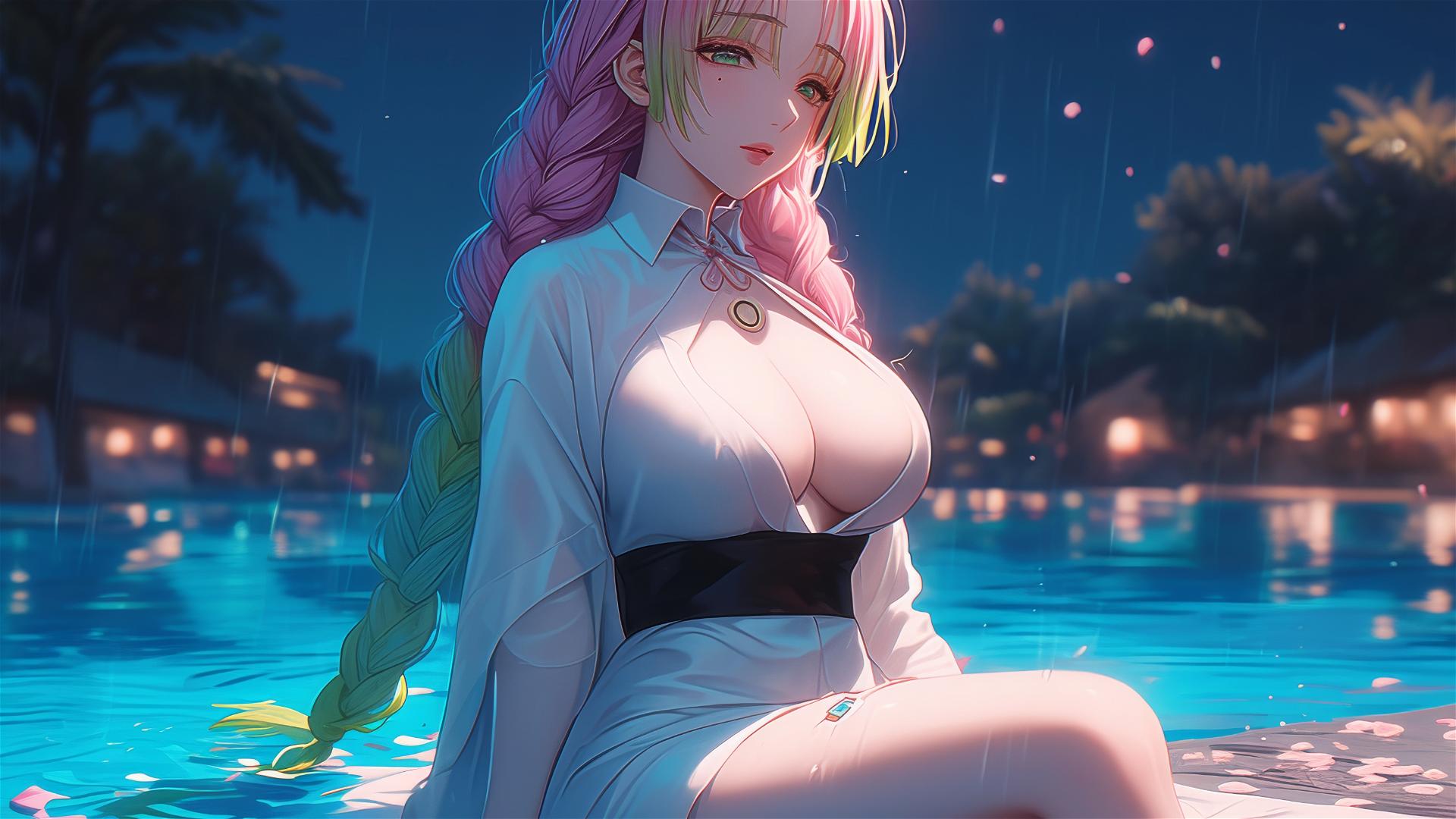 Mitsuri Kanroji resting by a pool under moonlight, light pink to lime green hair.