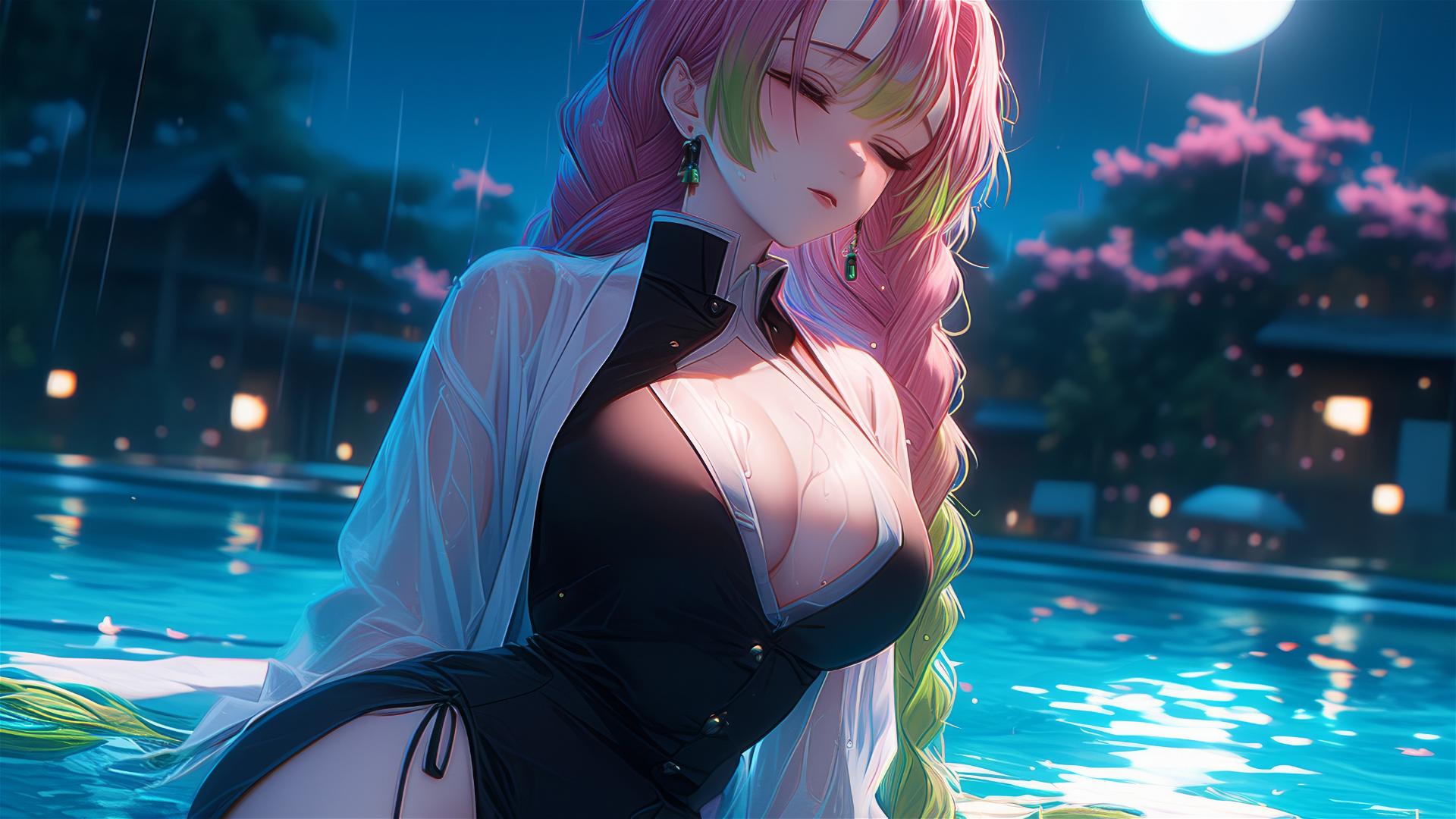 Mitsuri Kanroji resting by a pool under moonlight, with pink to green hair