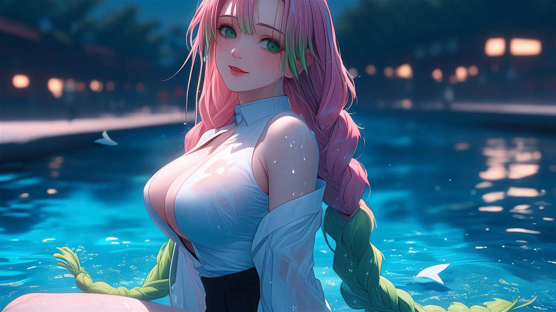 Mitsuri Kanroji by moonlit pool, pink dress & ombre hair