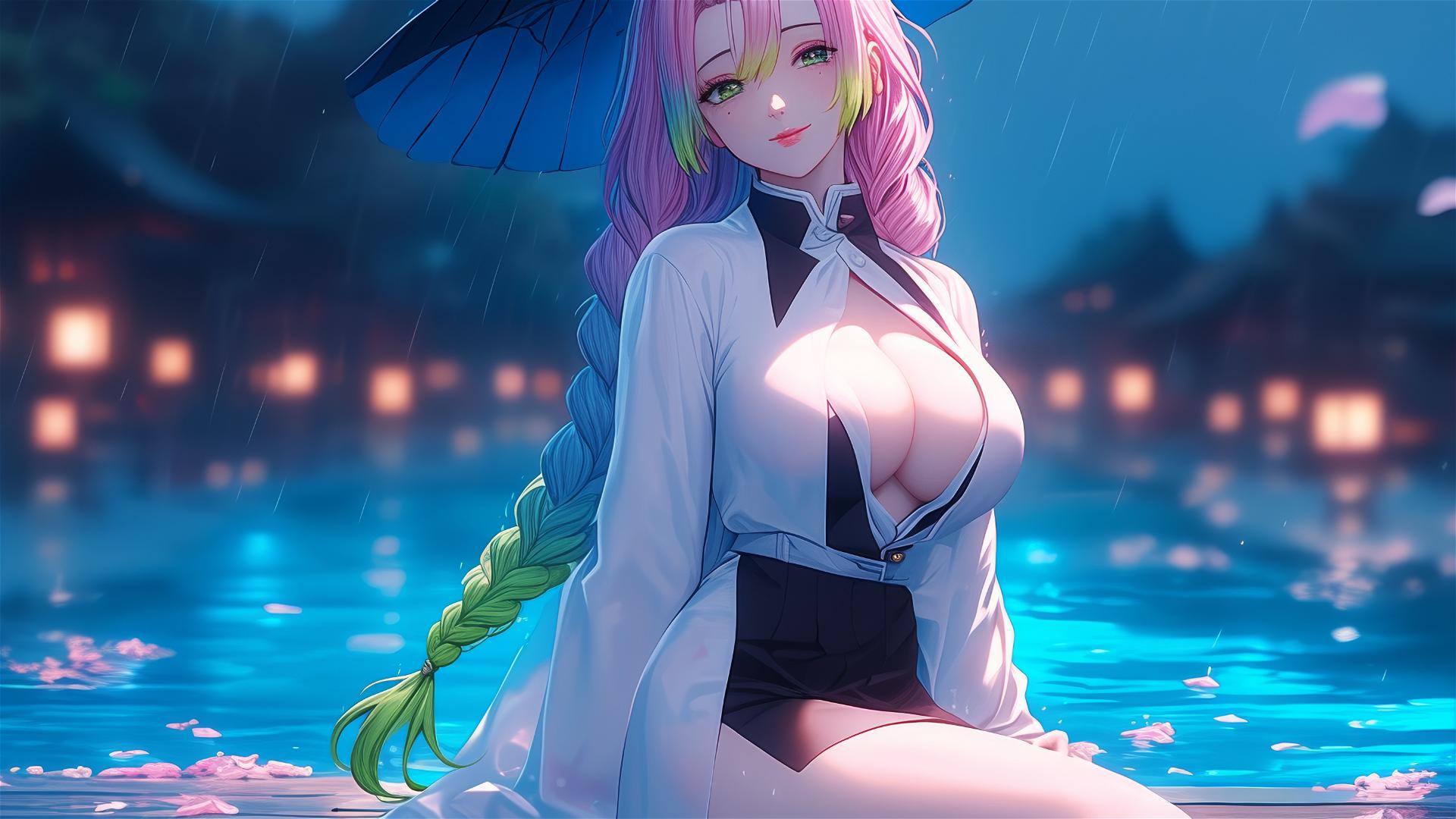 Mitsuri Kanroji resting by pool in moonlight, white attire, pink to green hair