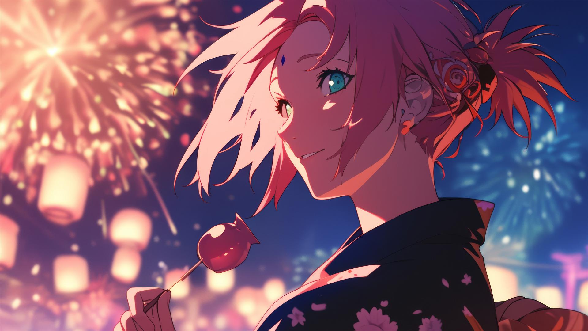 Sakura Haruno in modern yukata watching fireworks at summer festival