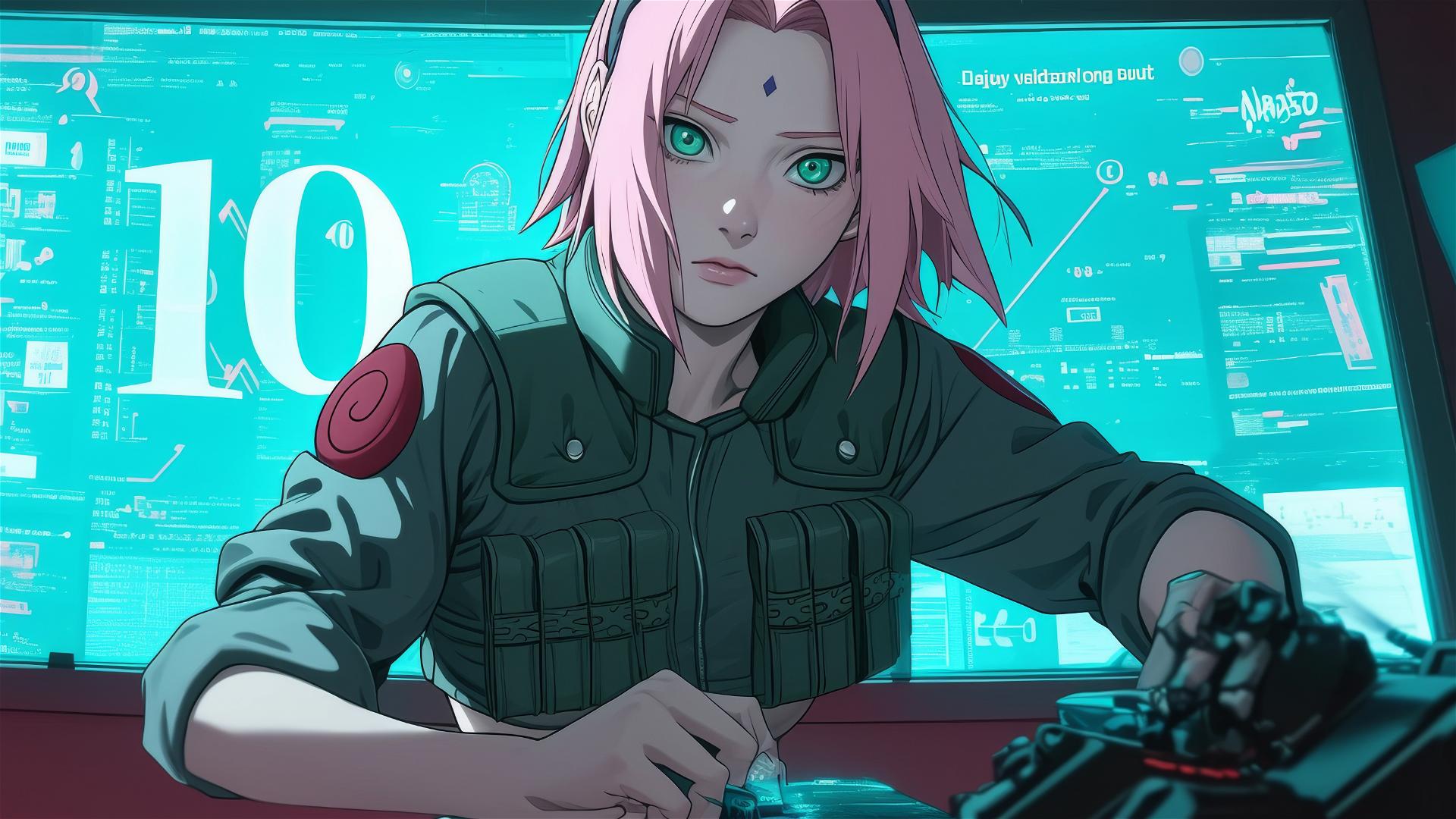 Sakura Haruno in neon cyberpunk gear hacking a futuristic terminal