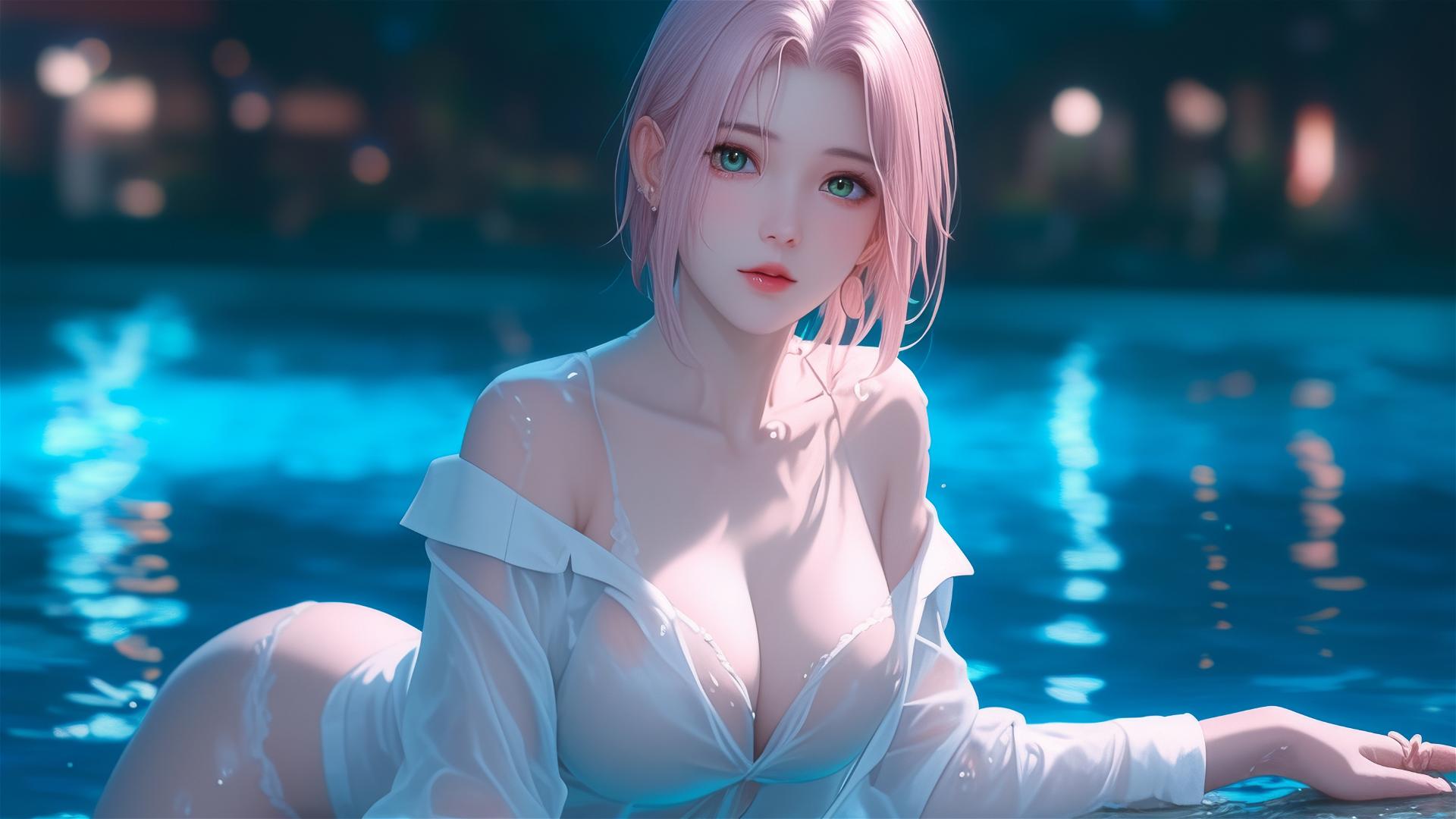 Sakura Haruno resting by pool under moonlight in white shirt with rain