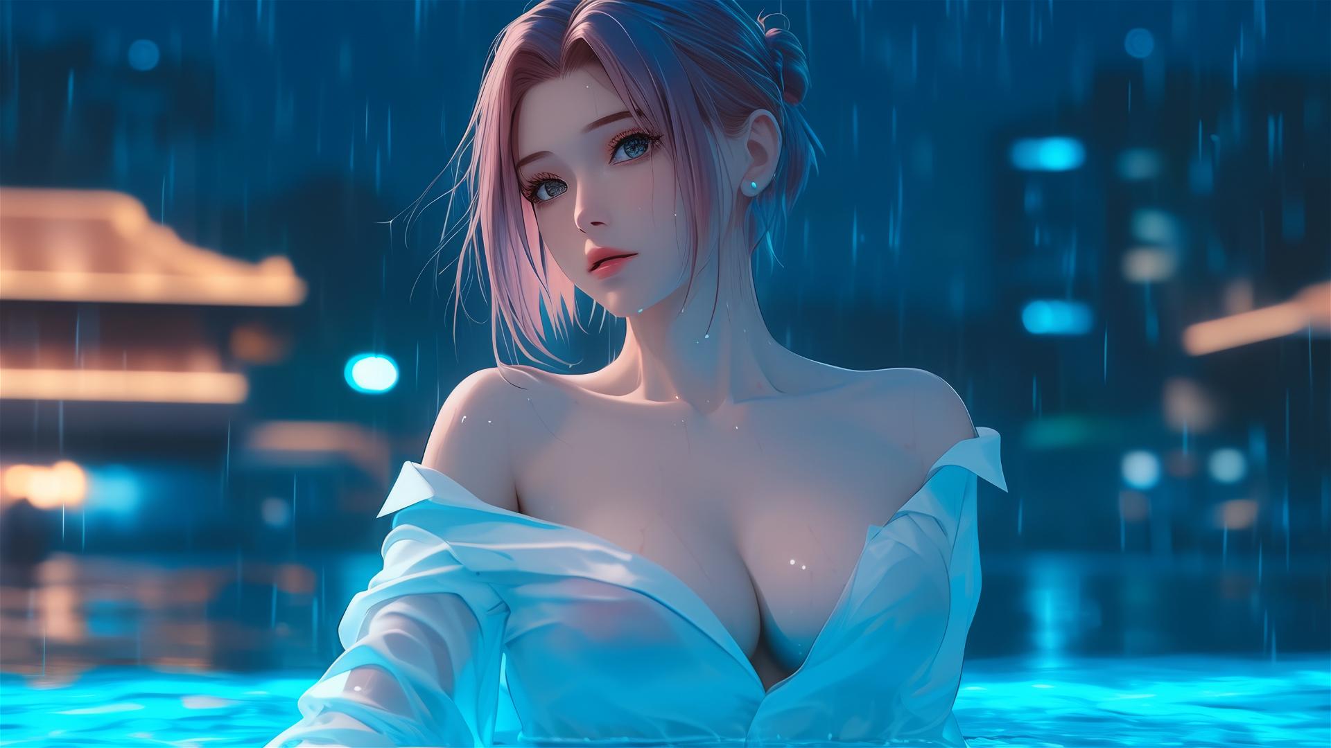 Sakura Haruno in white shirt by pool, moonlit, in rain
