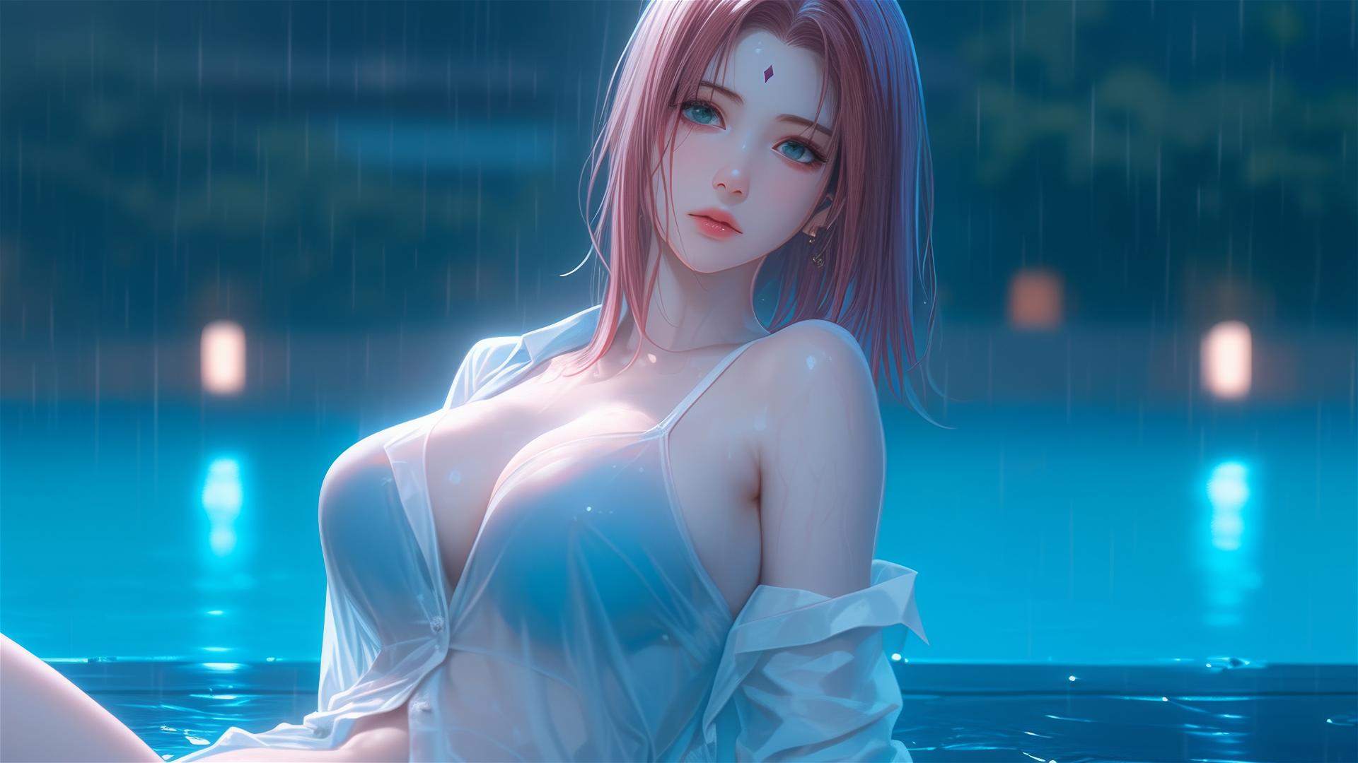 Sakura Haruno rests by the pool under moonlight in a white shirt during heavy rain