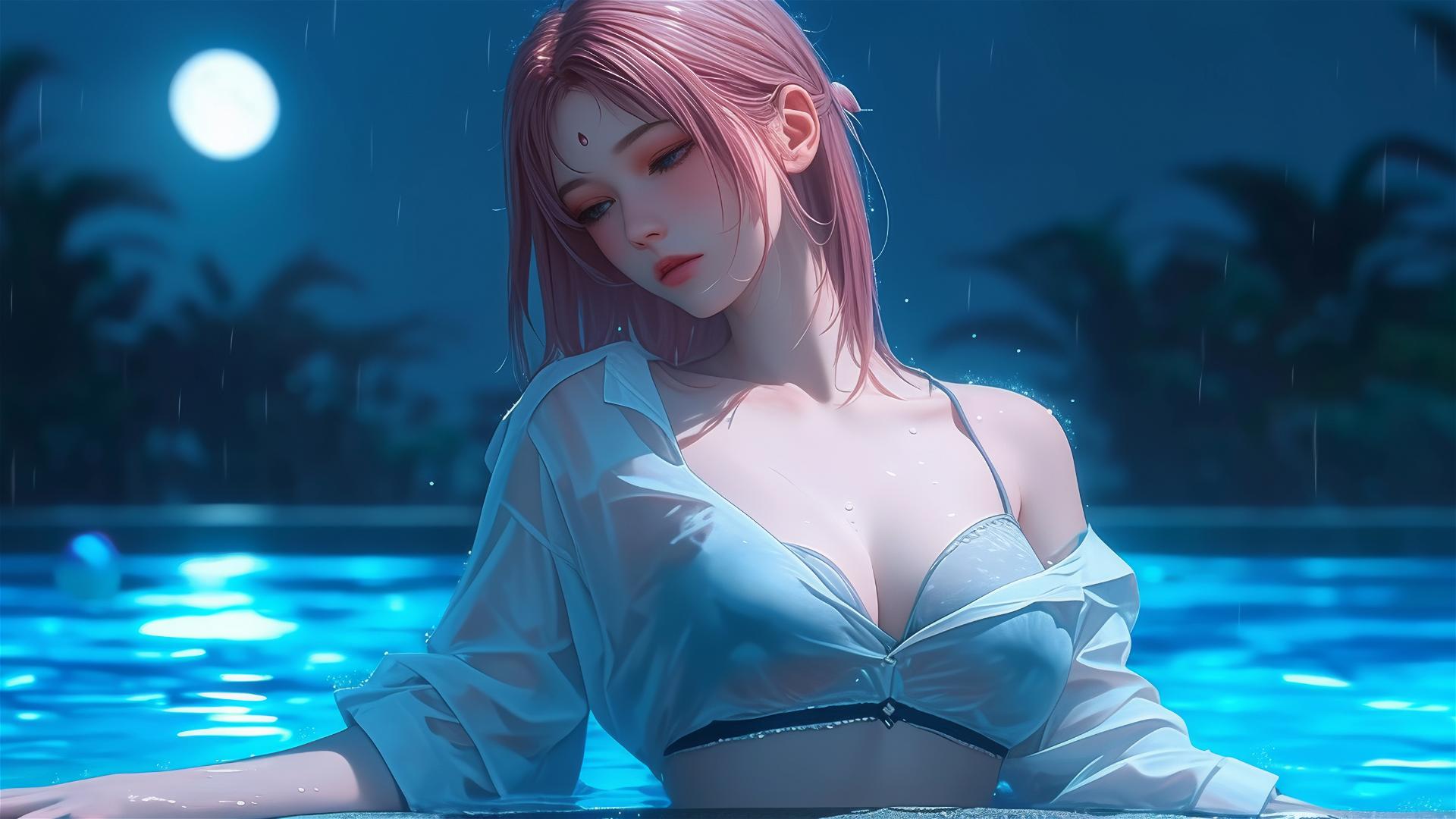 Sakura Haruno in a white shirt by the pool under moonlight in the rain