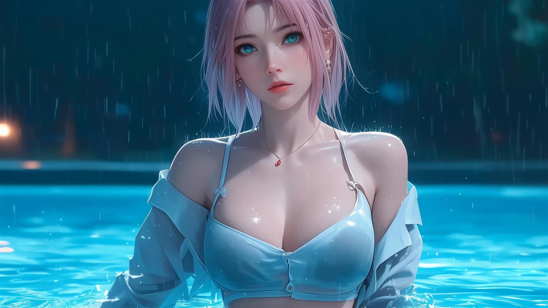 Sakura Haruno by pool in white shirt under moonlight, rain