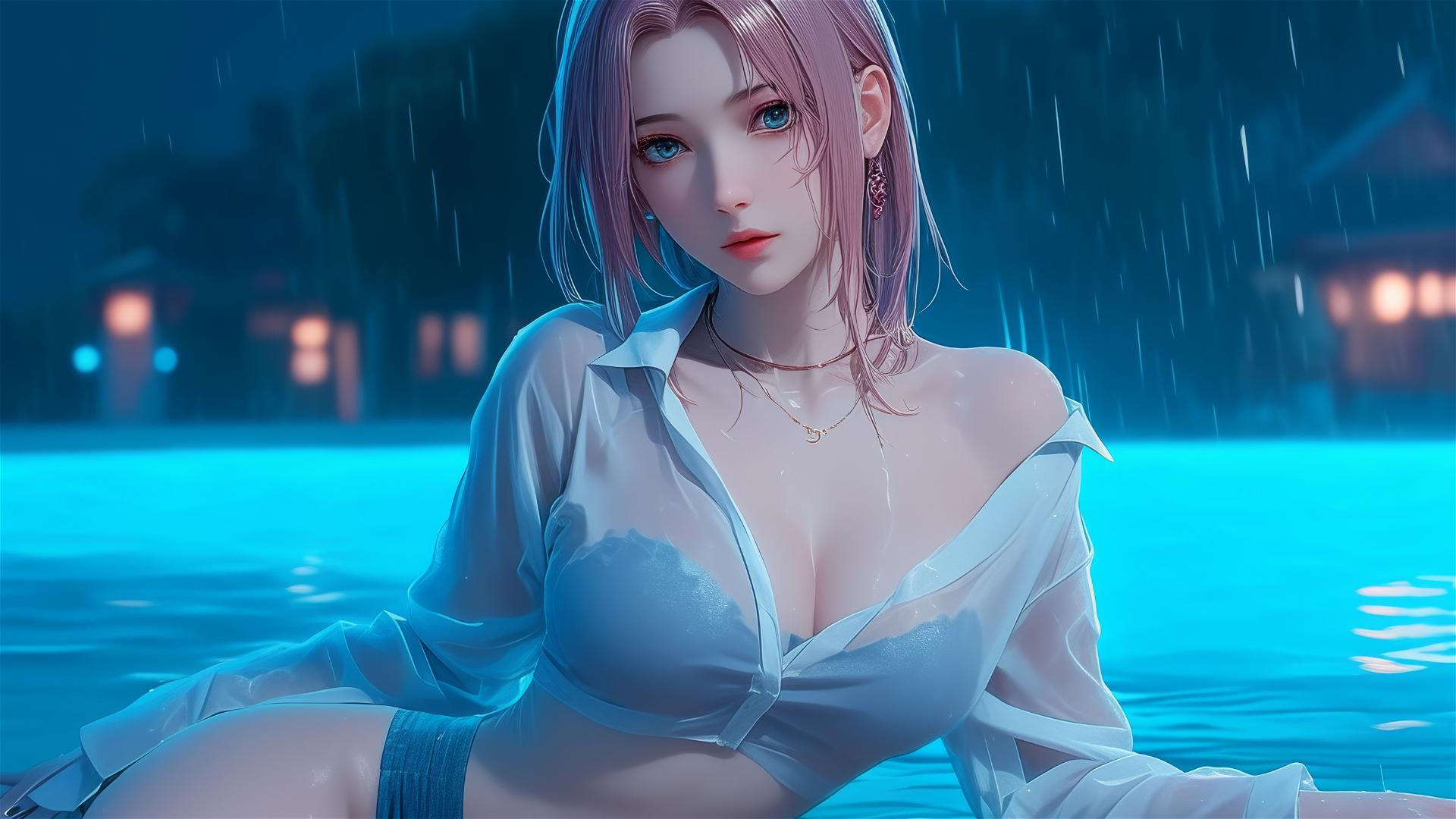 Sakura Haruno resting by pool with moonlight and rain, wearing white shirt