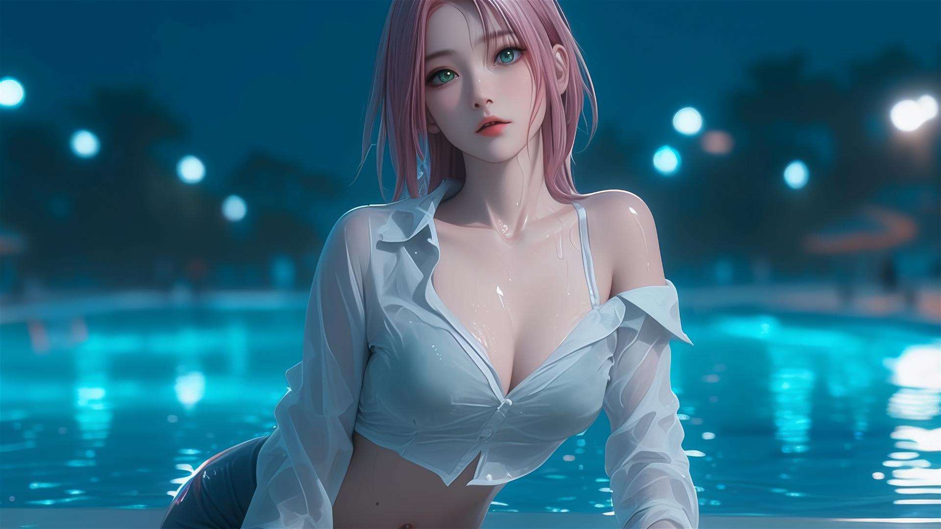 Sakura Haruno resting by pool in a white shirt under moonlight with rain