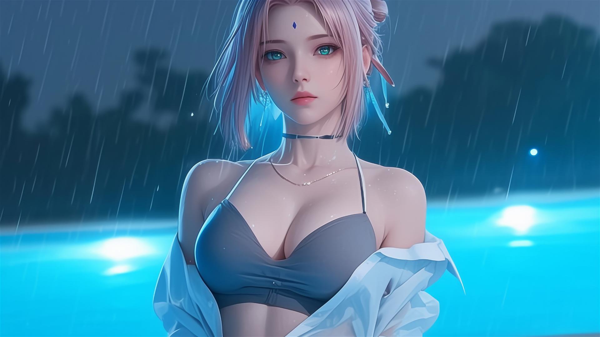 Sakura Haruno in white shirt by pool under moonlight with rain