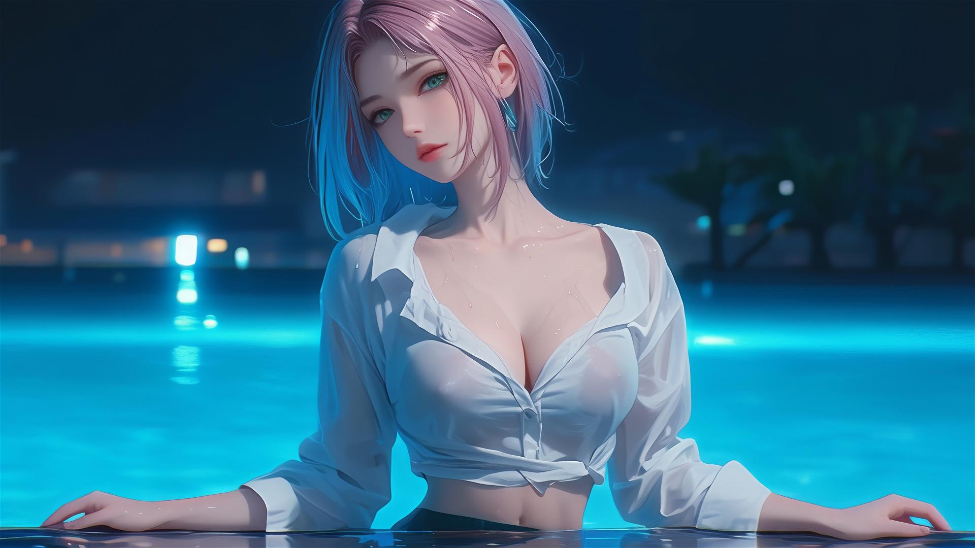 Sakura Haruno from Naruto resting by pool under moonlight in white shirt, with huge rain.