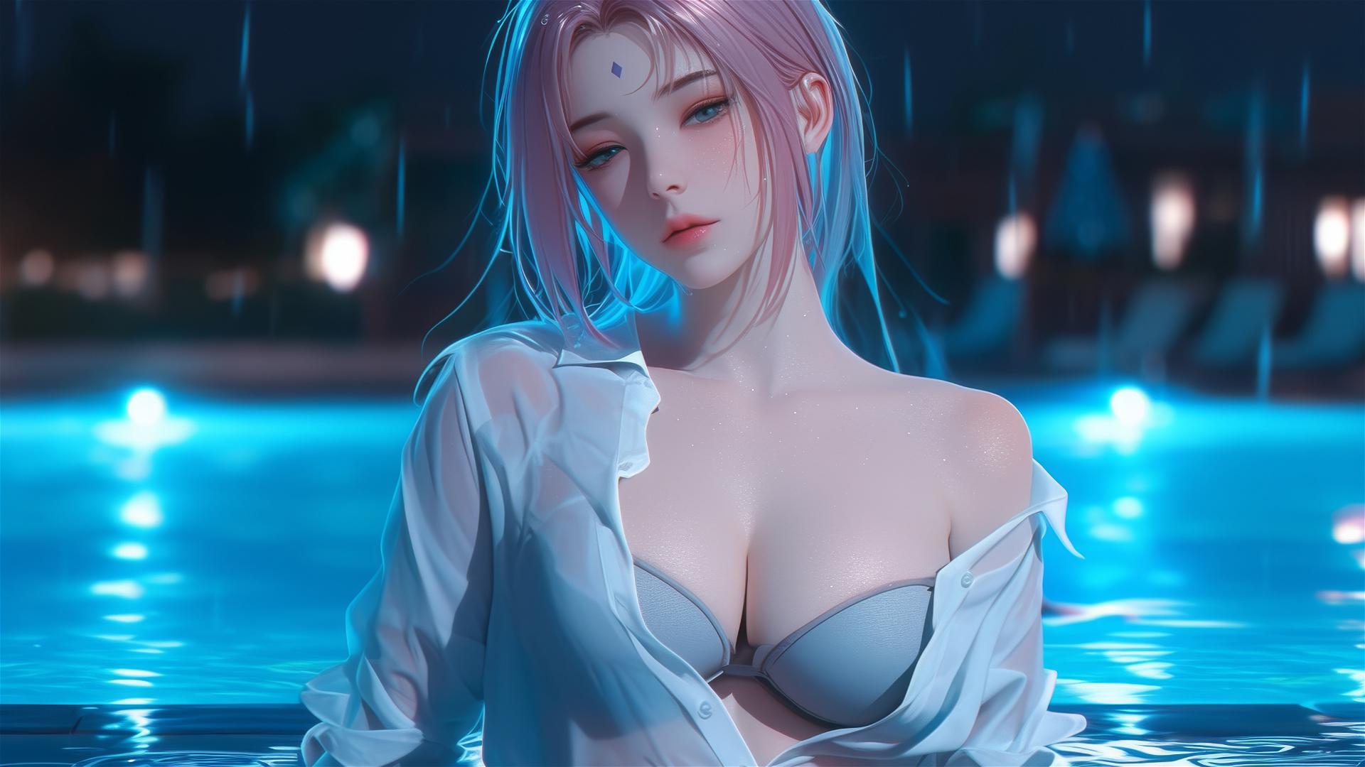 Sakura Haruno in white shirt by poolside, moonlit, in rain