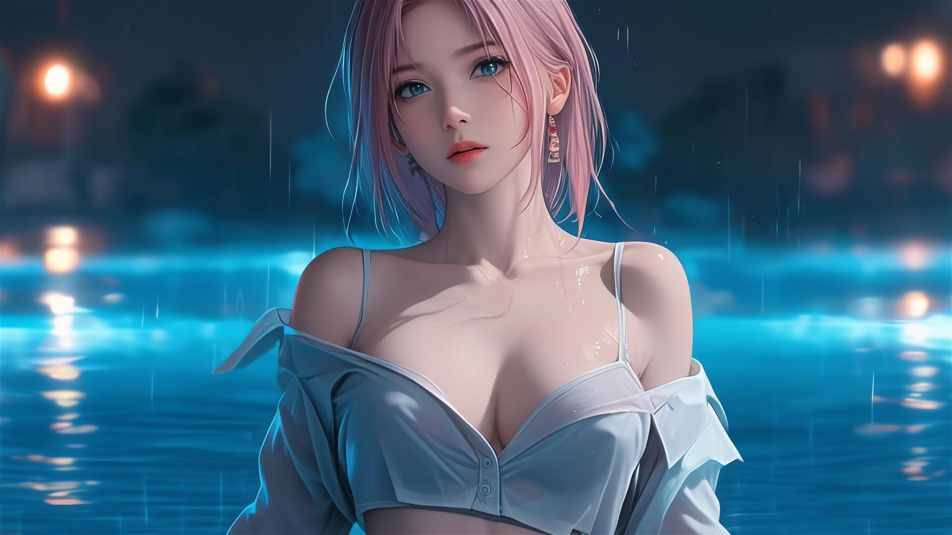 Sakura Haruno in white shirt by pool under moonlit rain