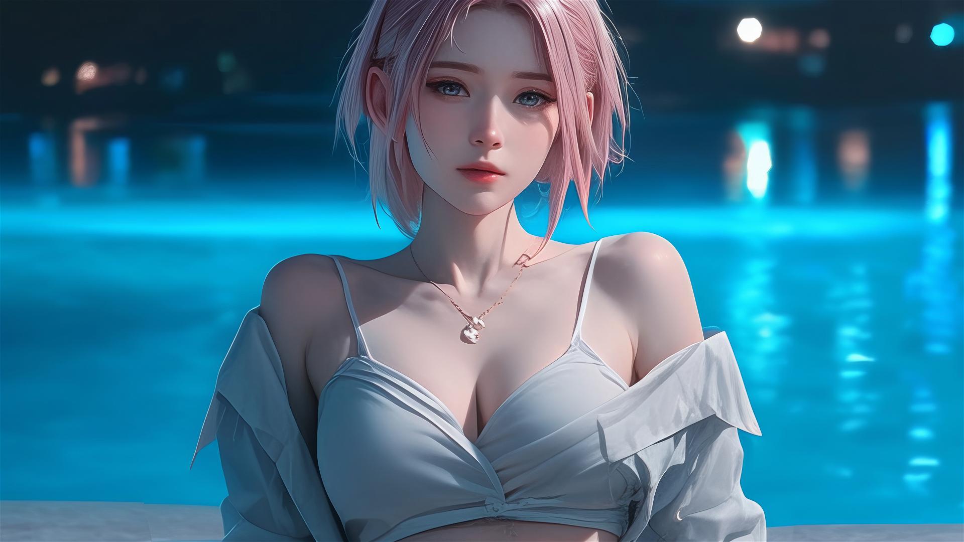 Sakura Haruno from Naruto relaxing by the pool in a white shirt under moonlight