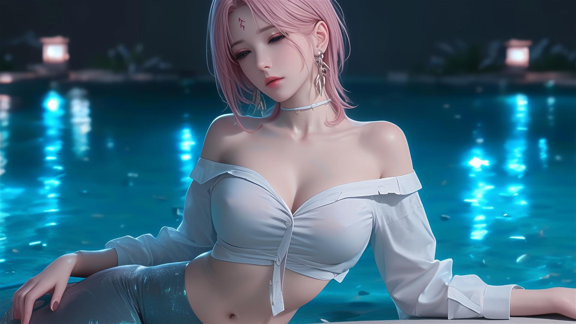 Sakura Haruno resting by pool under moonlight in white shirt