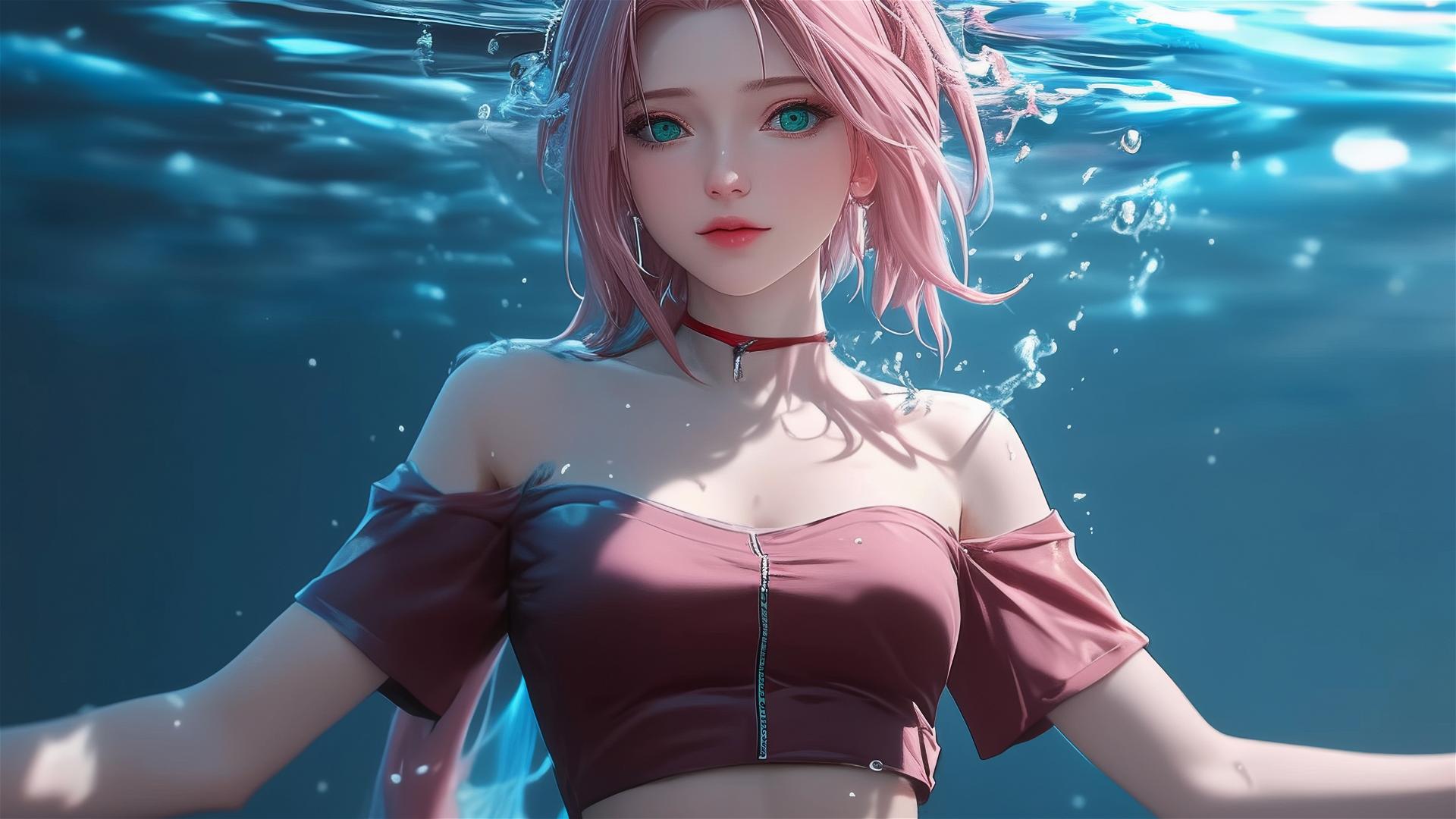 Sakura Haruno swimming in moonlight with short hair