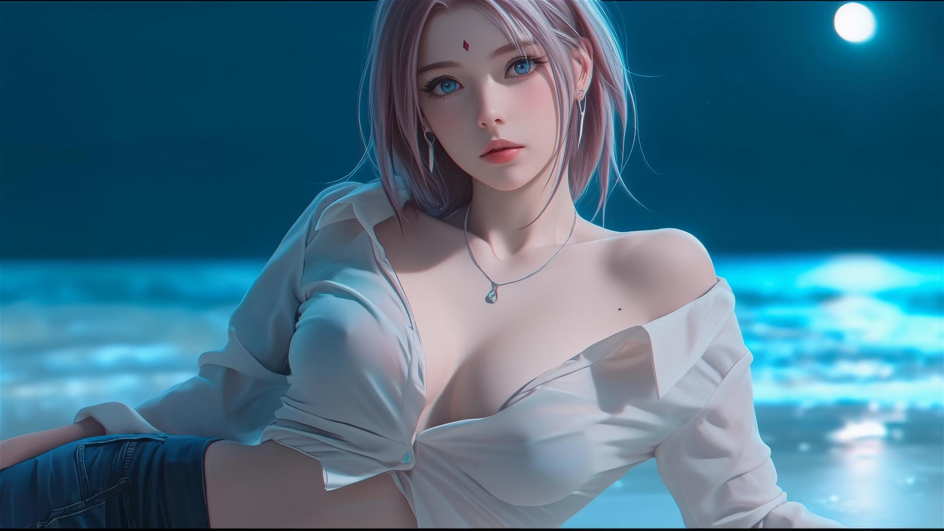 Sakura Haruno from Naruto resting at beach under moonlight, in white shirt