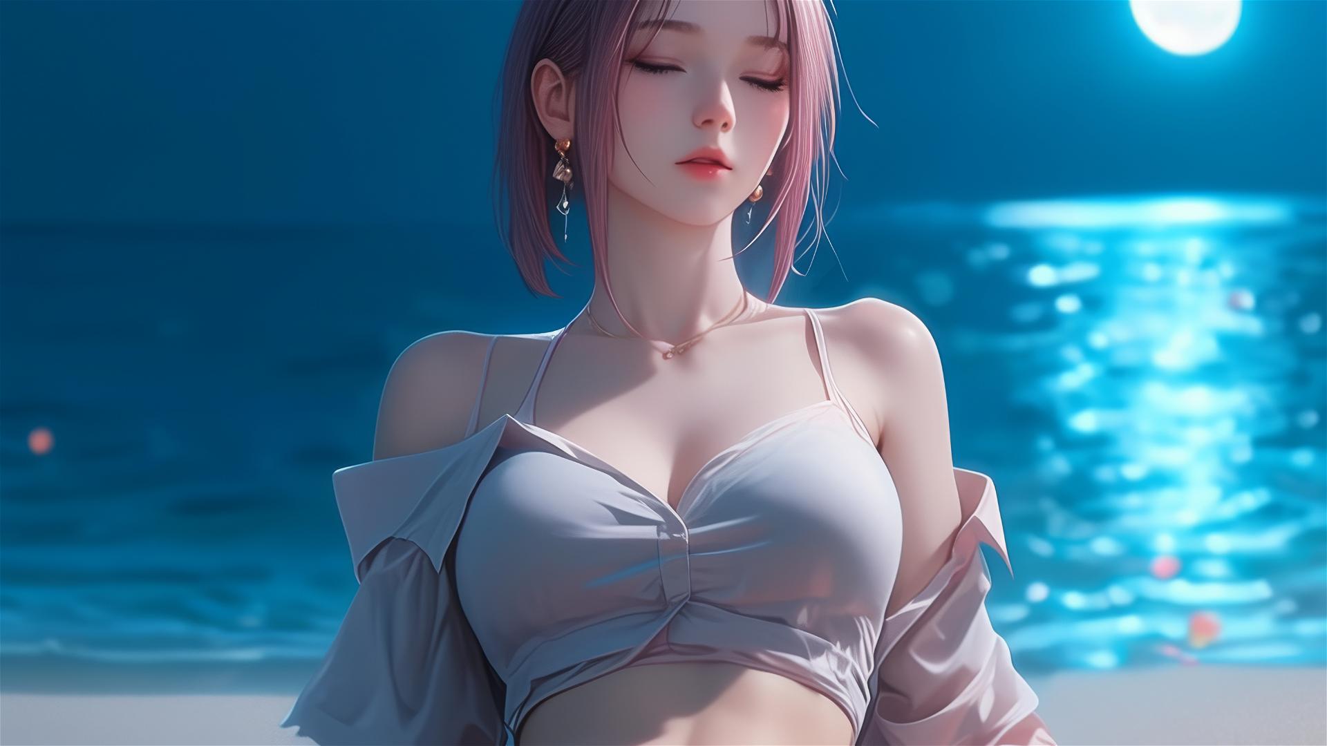 Sakura Haruno from Naruto resting on a beach in moonlight
