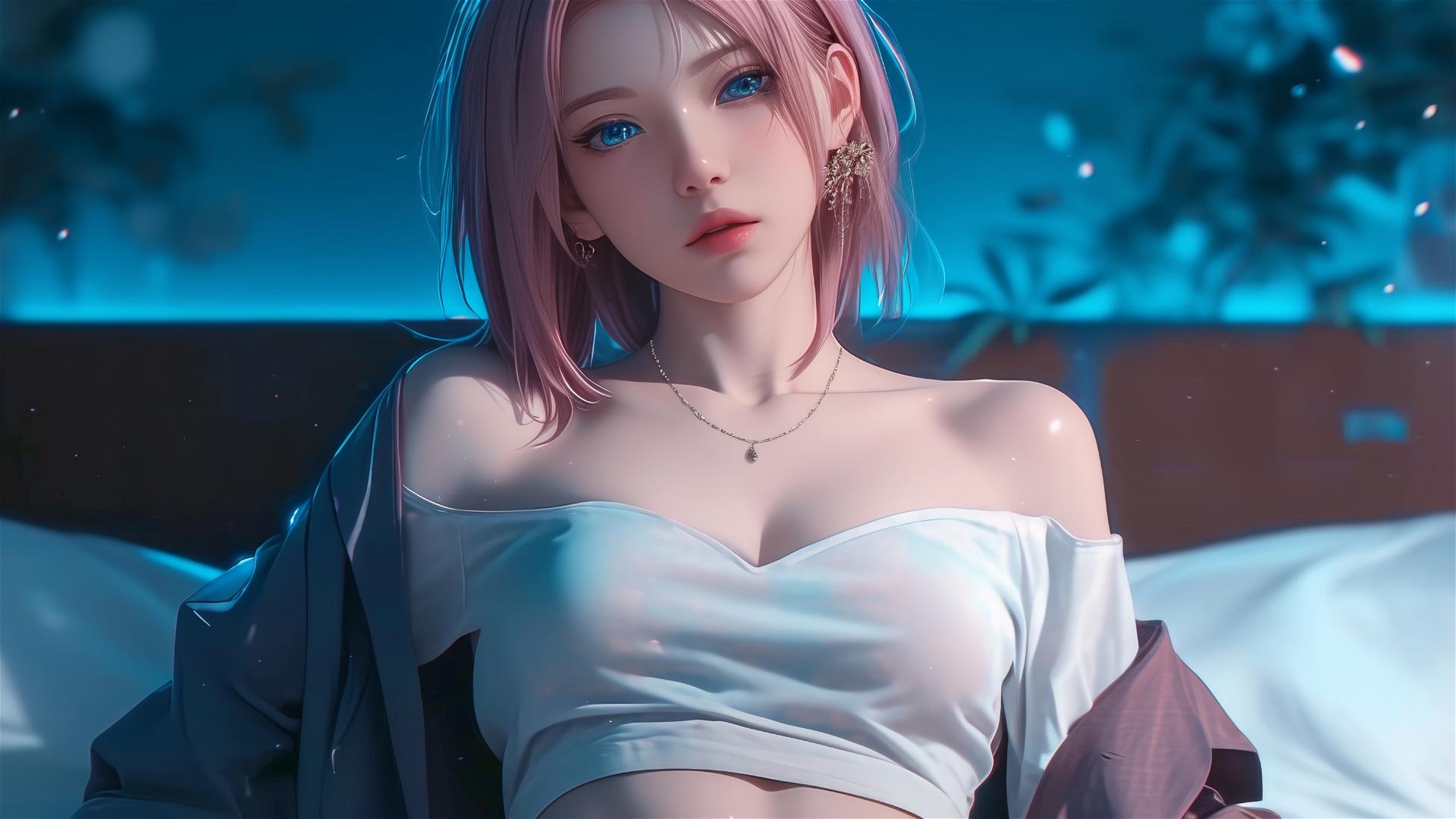 Sakura Haruno in white office shirt resting in moonlit apartment