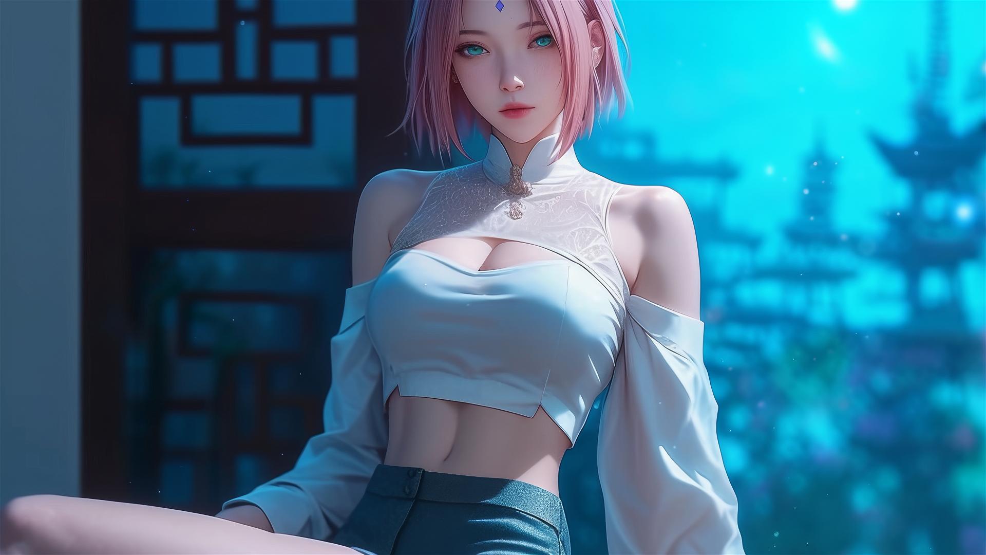 Sakura Haruno in white shirt resting in moonlit apartment