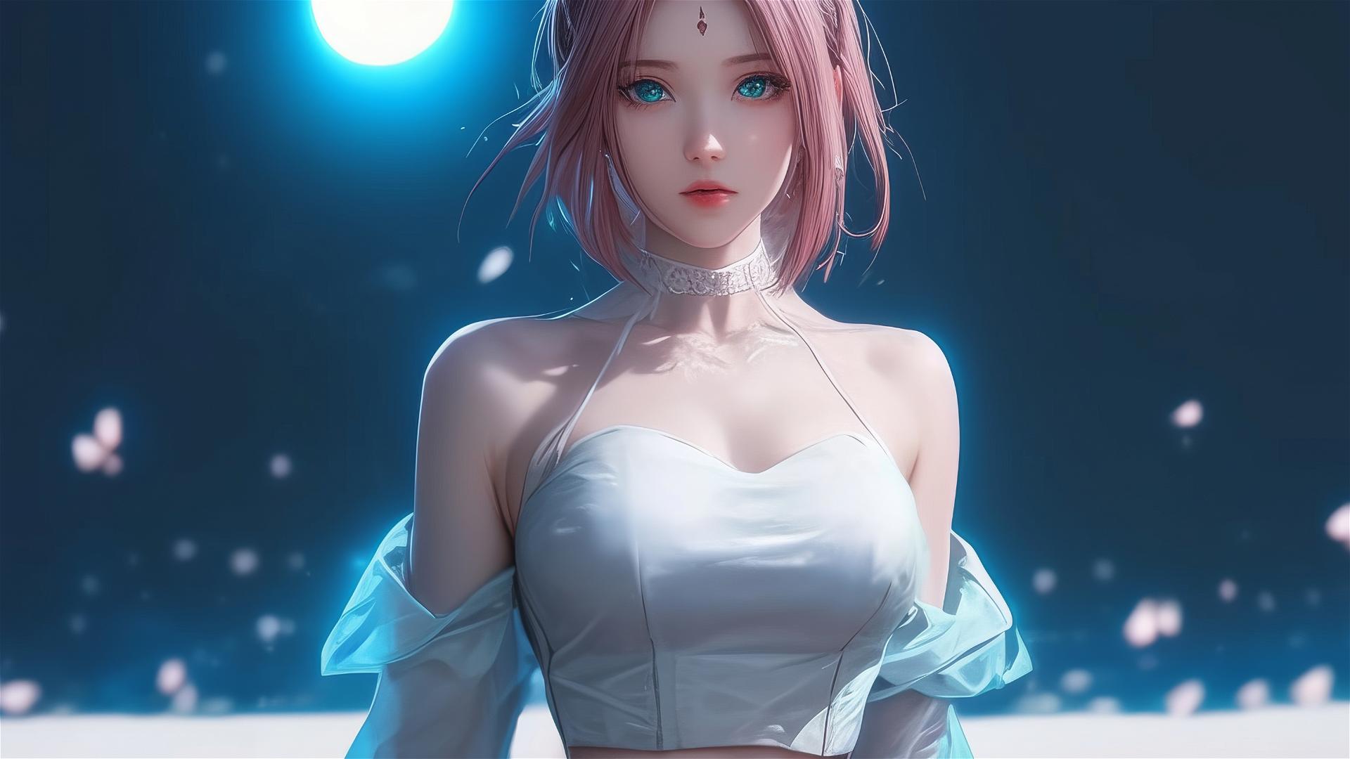 Sakura Haruno in white dress under moonlight
