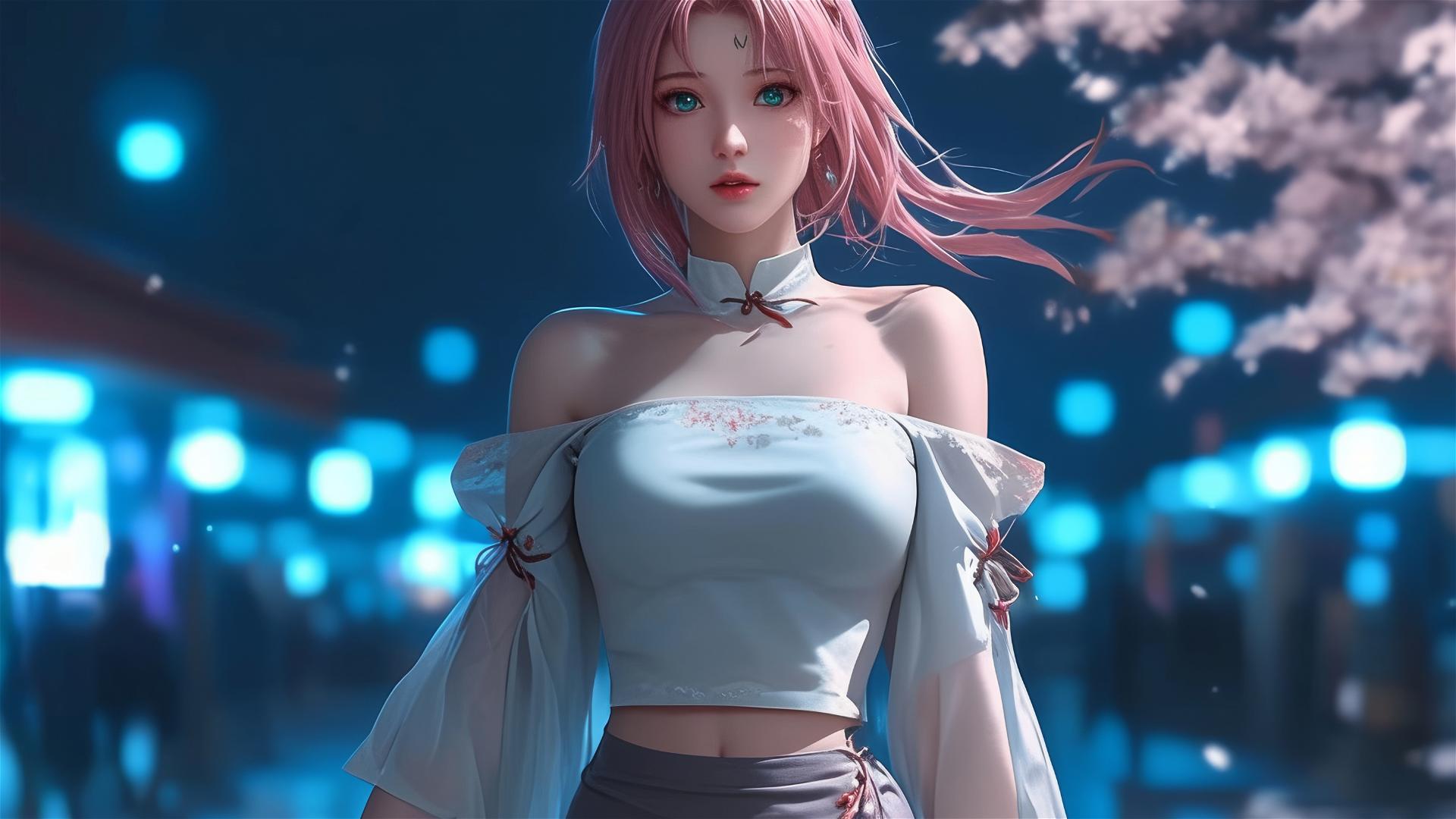 Sakura Haruno in white dress under moonlight
