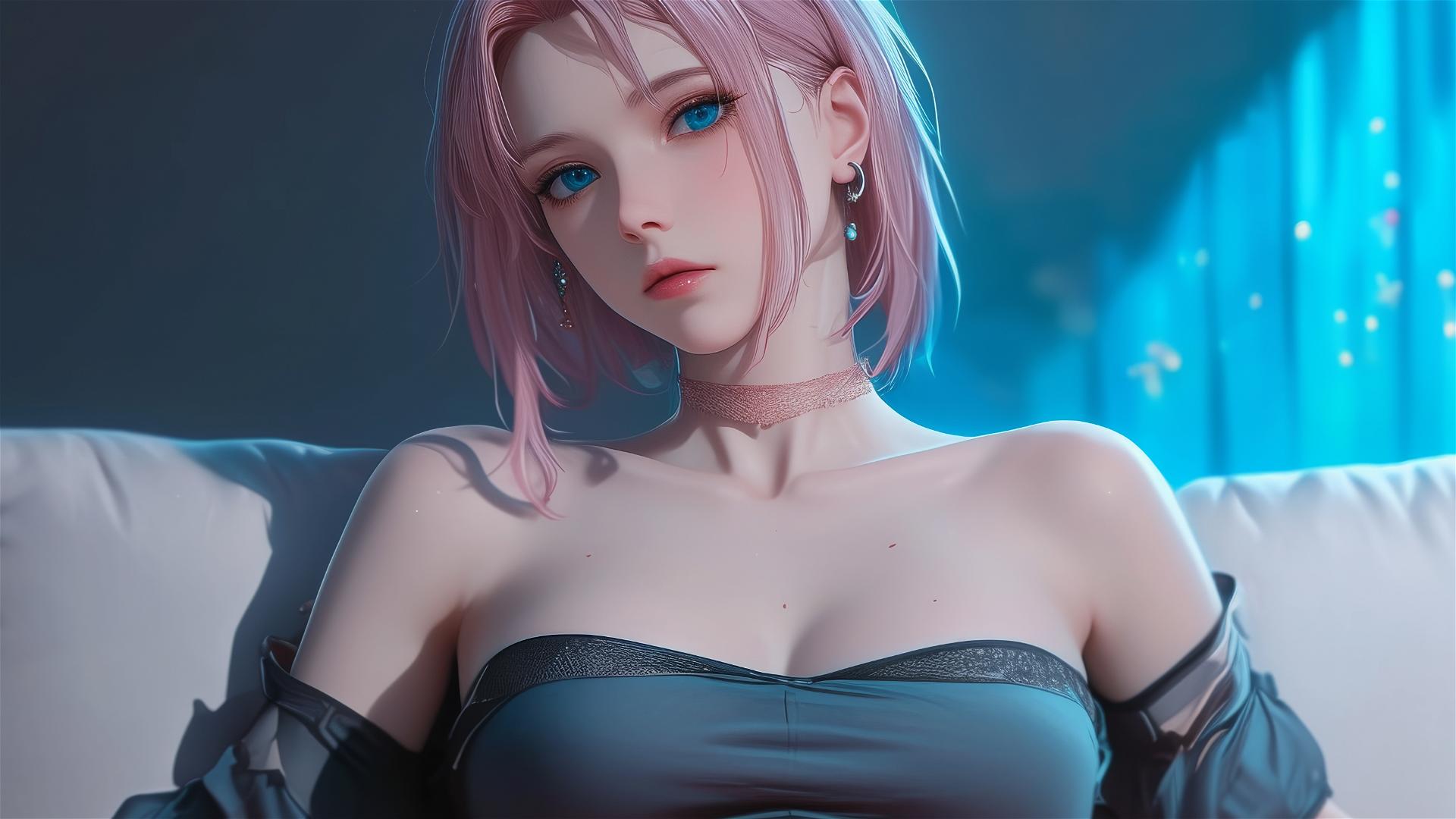 Sakura Haruno lying on a couch with moonlight highlighting her profile
