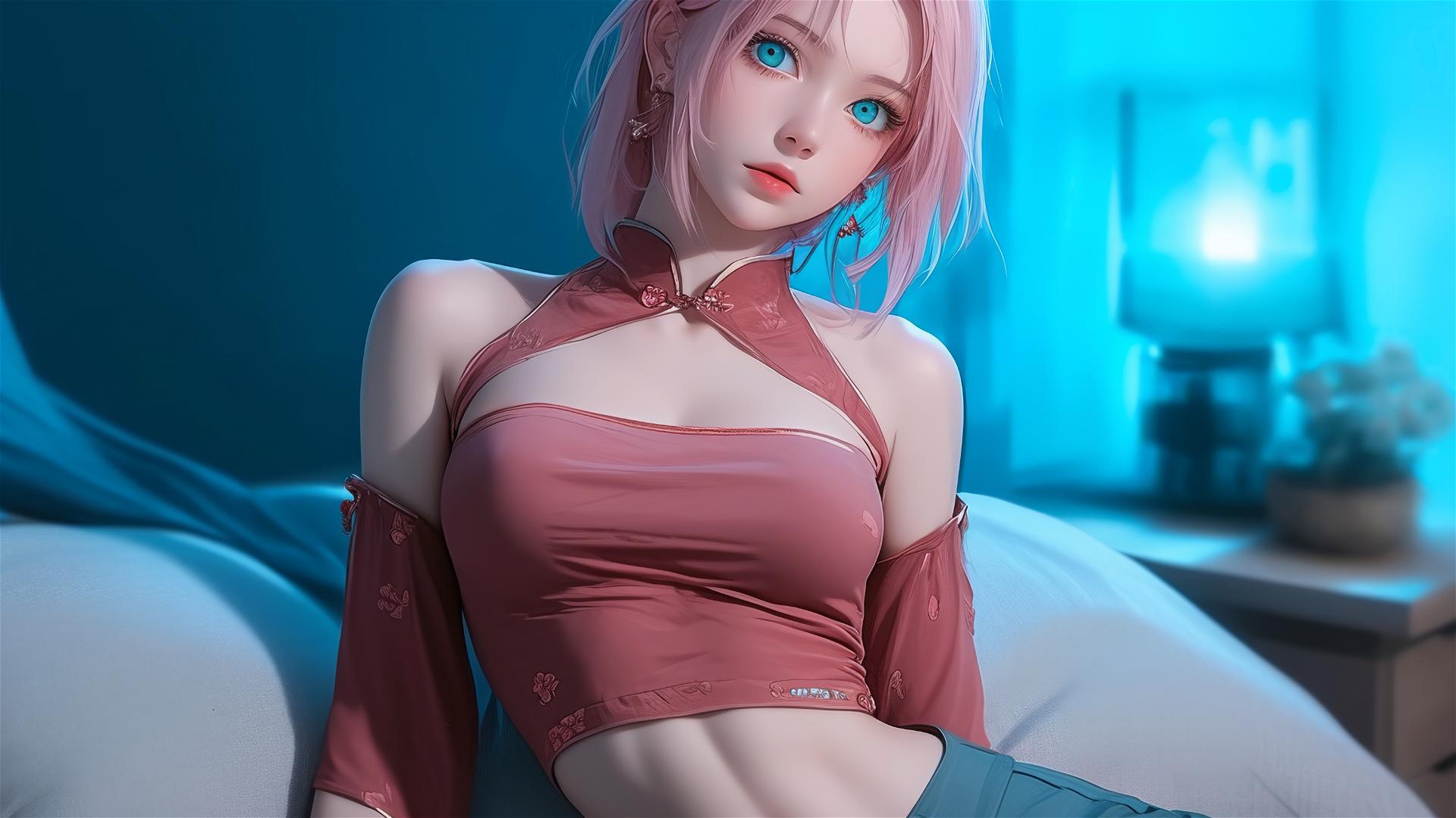 Sakura Haruno resting in an apartment under moonlight, short hair.