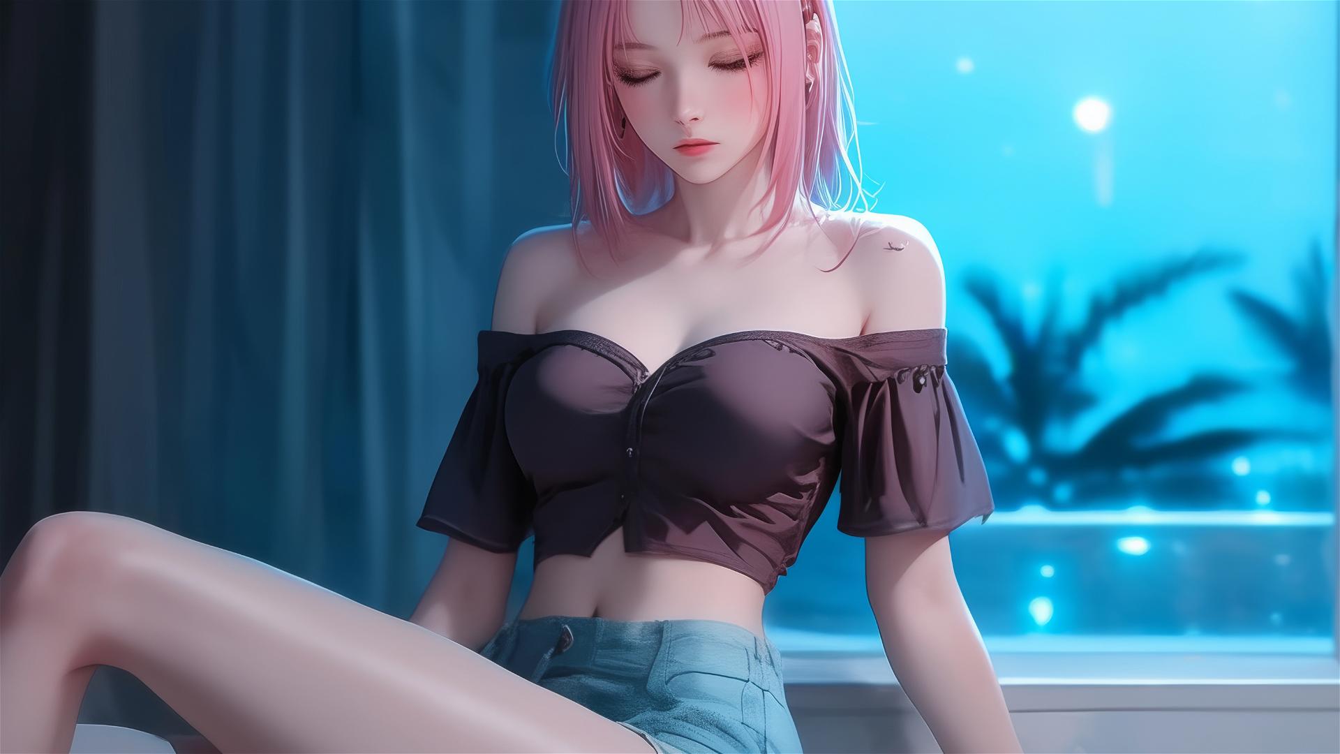 Sakura Haruno from Naruto resting at apartment under moonlight